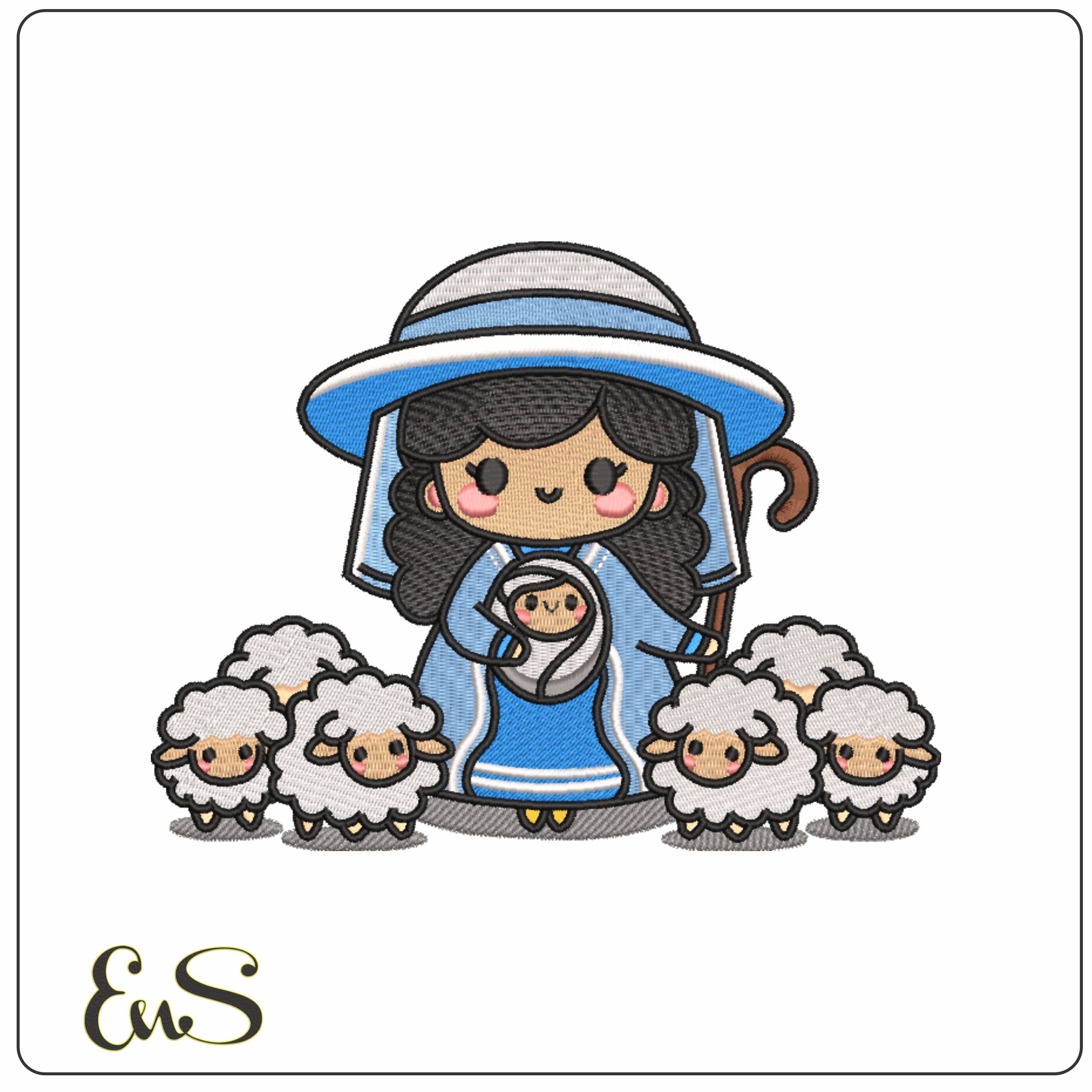Cartoon Mary and Sheep- Elegant embroidery design file - instant download