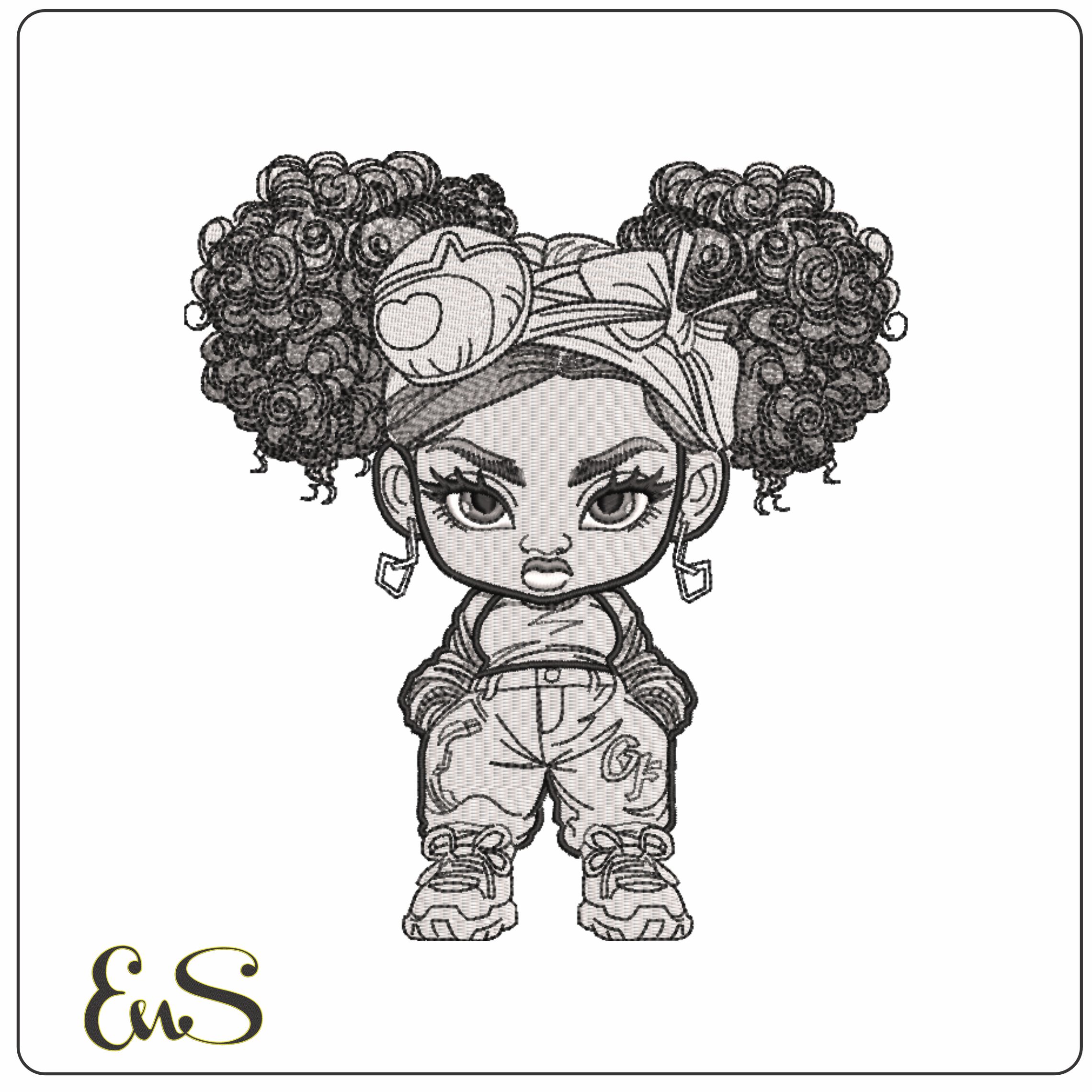 Chibi Cute Afro Girl- Elegant embroidery design file - instant download
