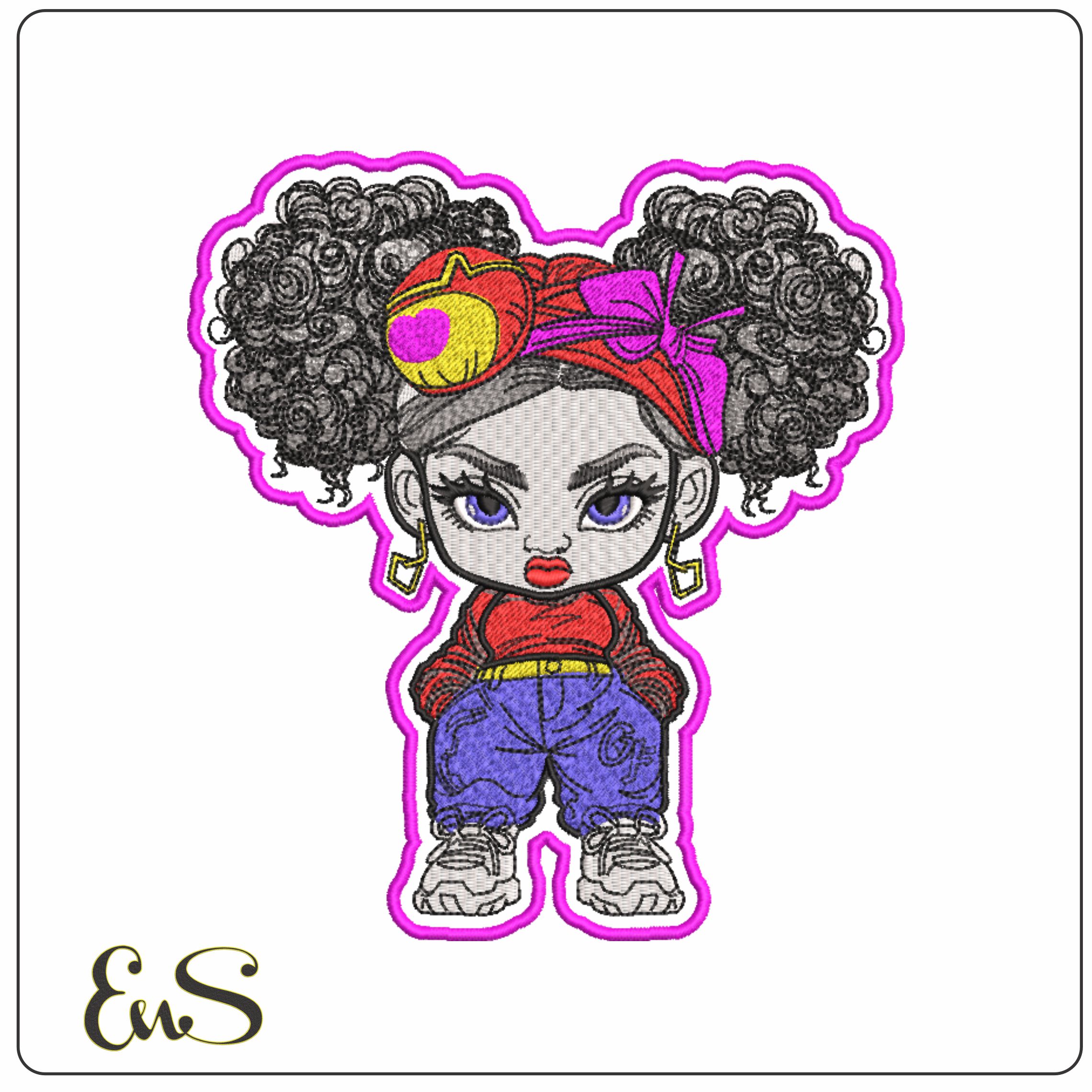 Chibi Cute Afro Girl Color- Elegant embroidery design file - instant download