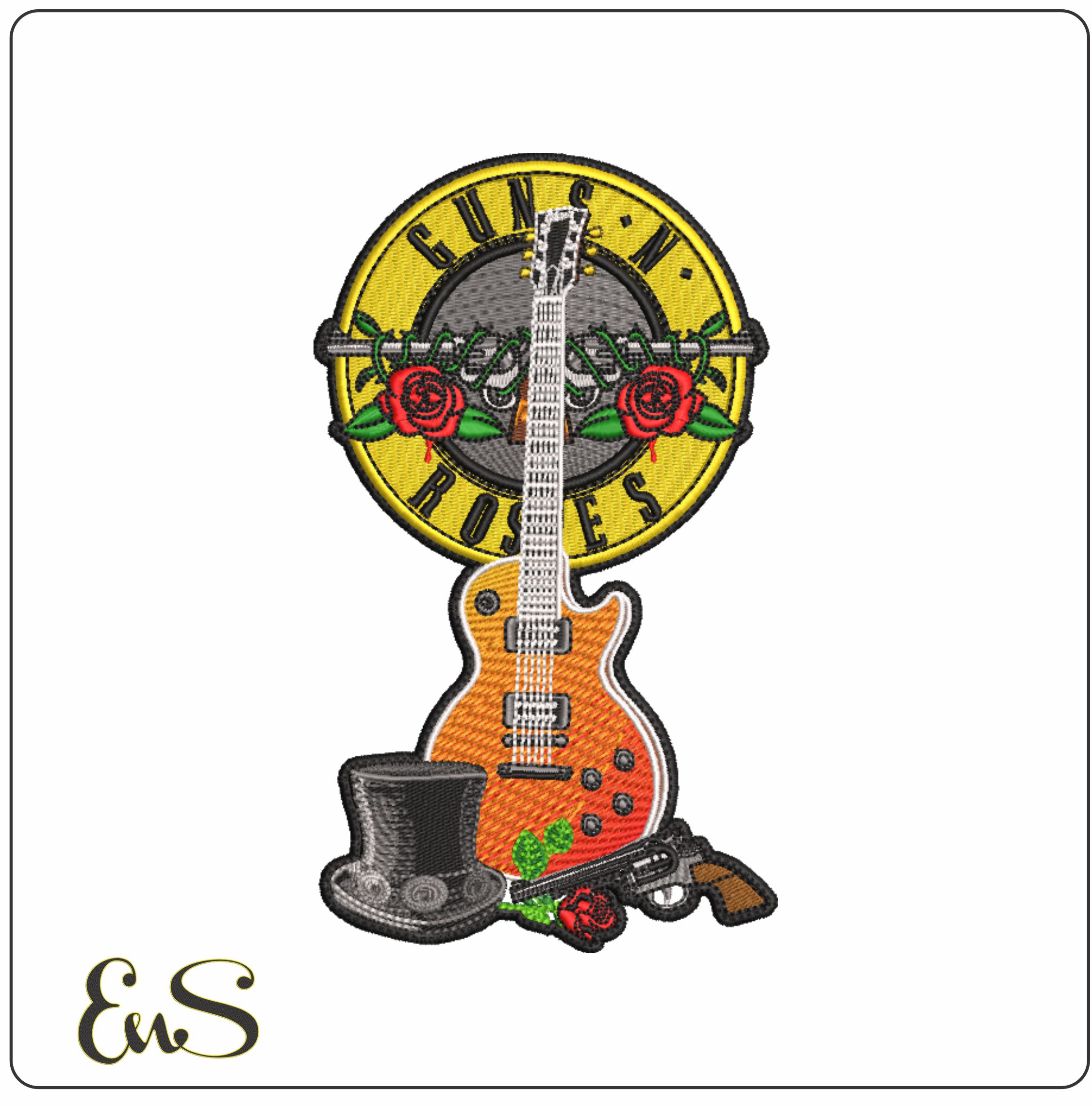 Guitar and Hat- Elegant embroidery design file - instant download