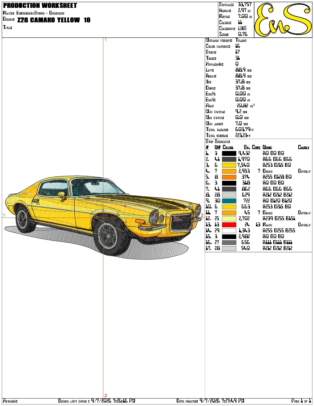 Z28 Camaro Yellow- Elegant embroidery design file - instant download
