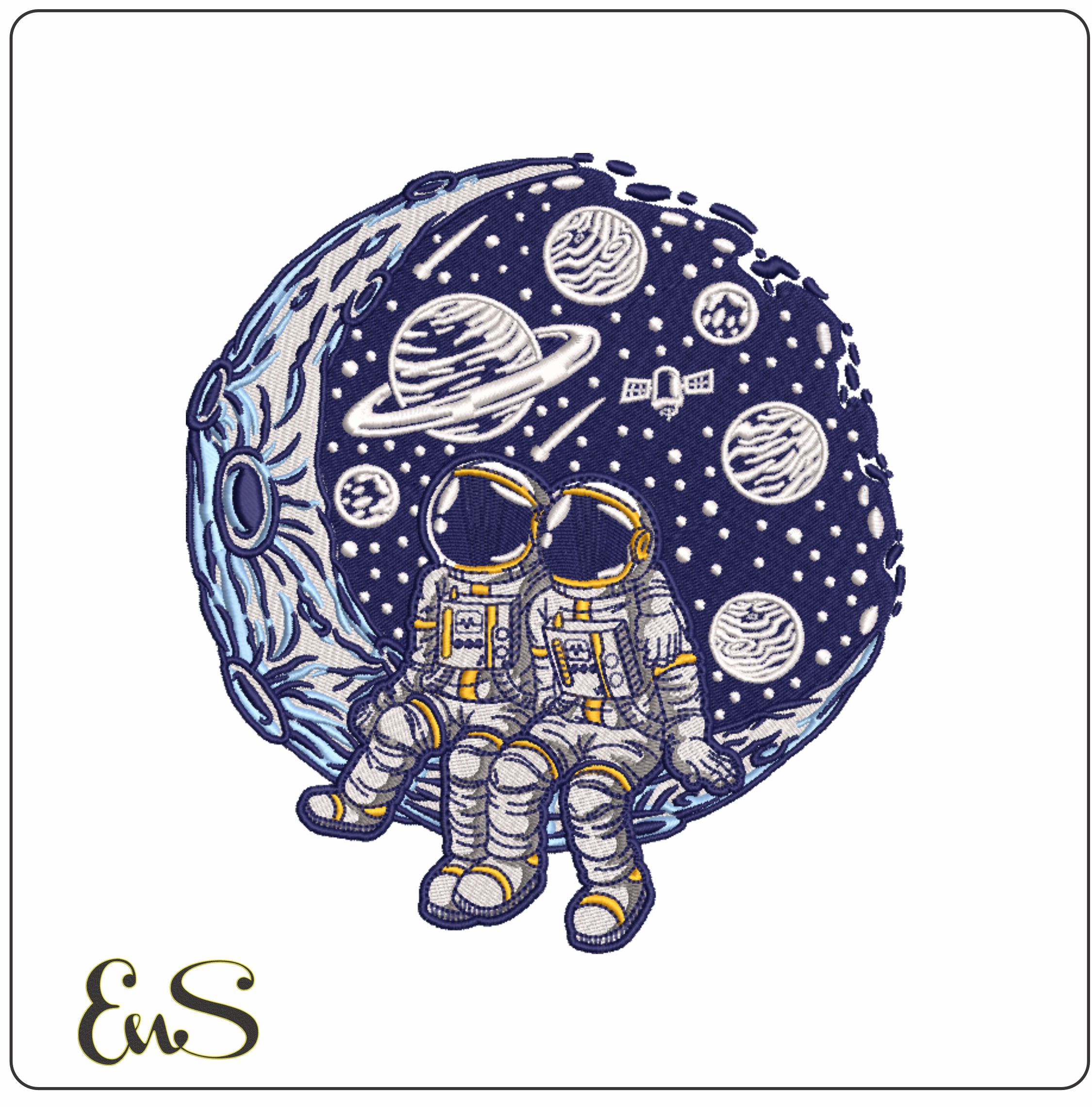 Astronauts on the Moon- Elegant embroidery design file - instant download