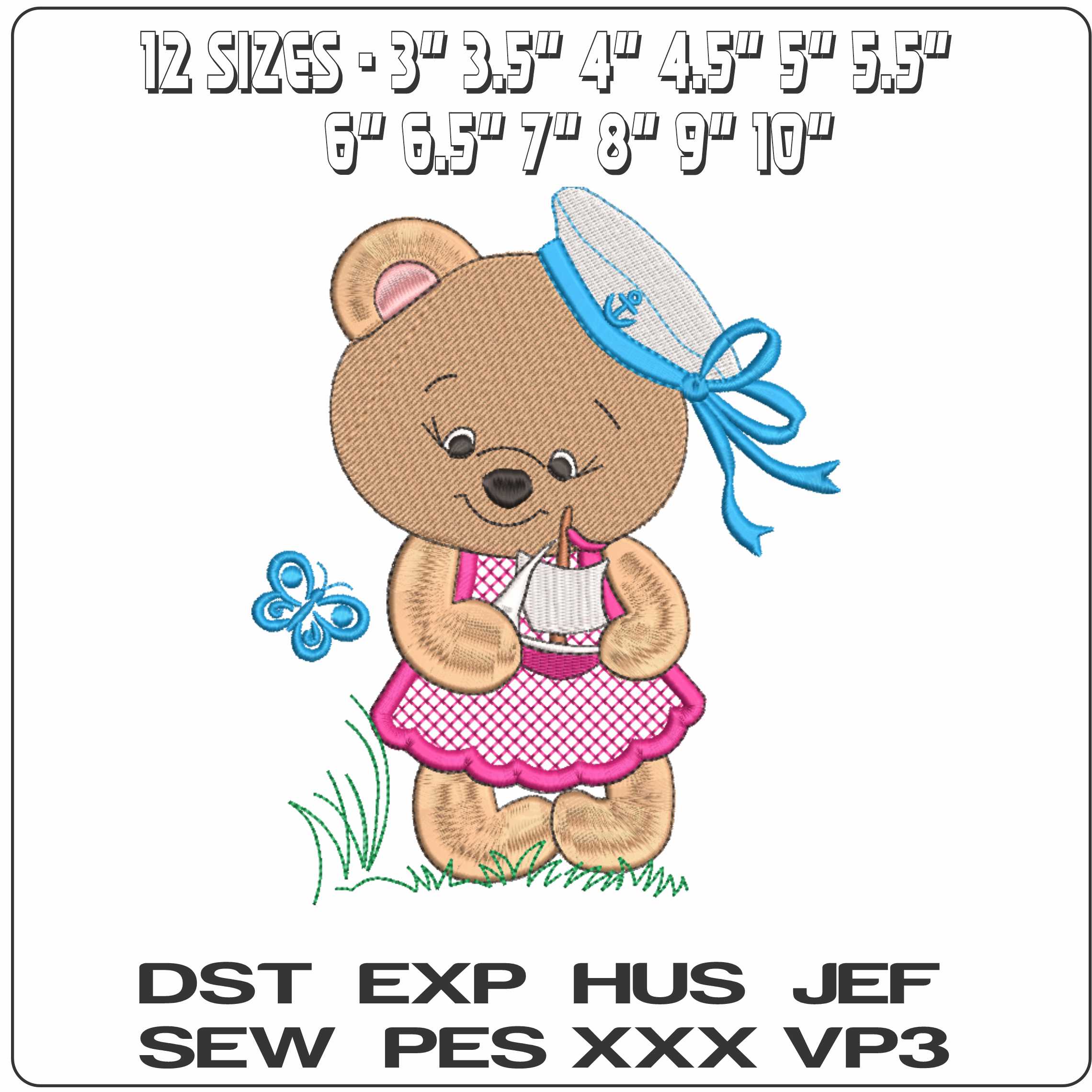 Bear Girl Sailor- Elegant embroidery design file - instant download