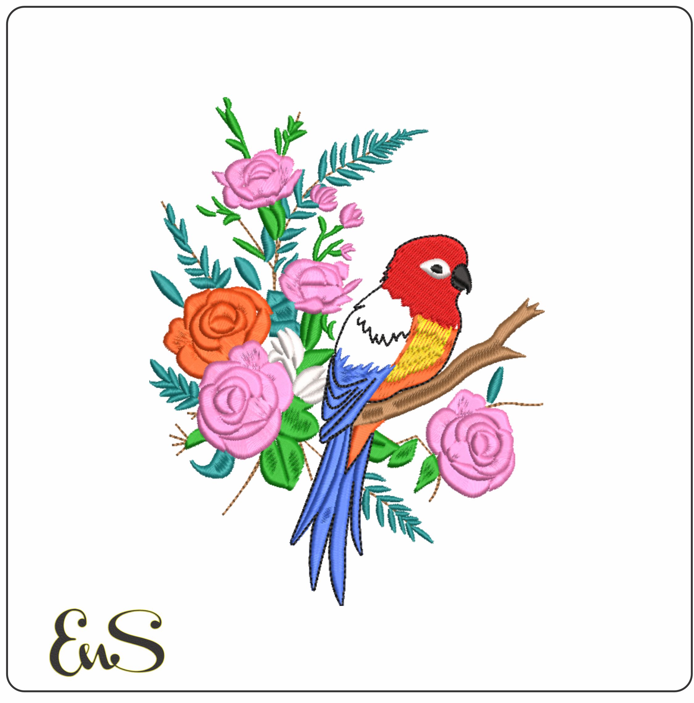 Bird and Flowers- Elegant embroidery design file - instant download