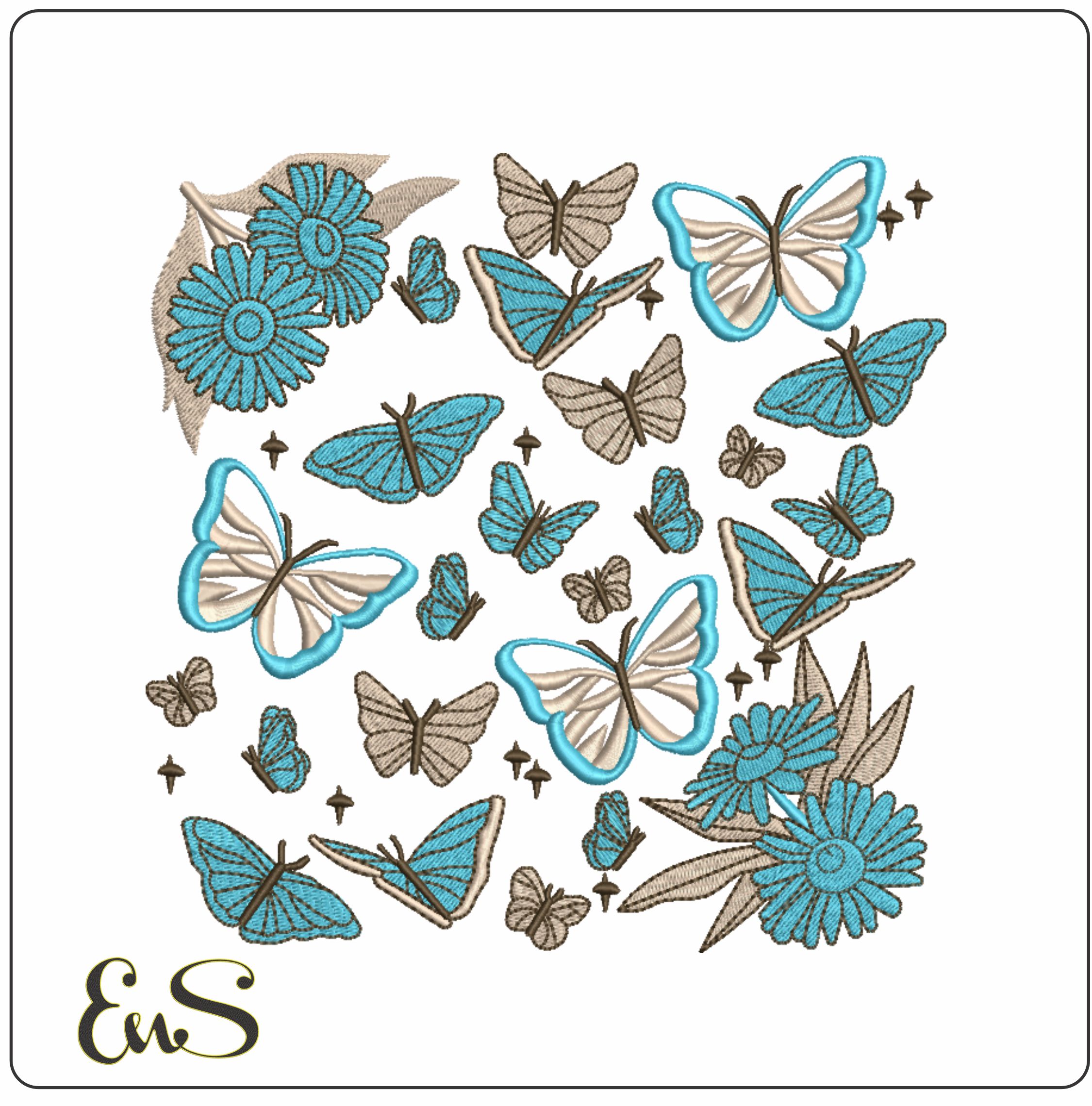 Blue Butterflies and Flowers- Elegant embroidery design file - instant download