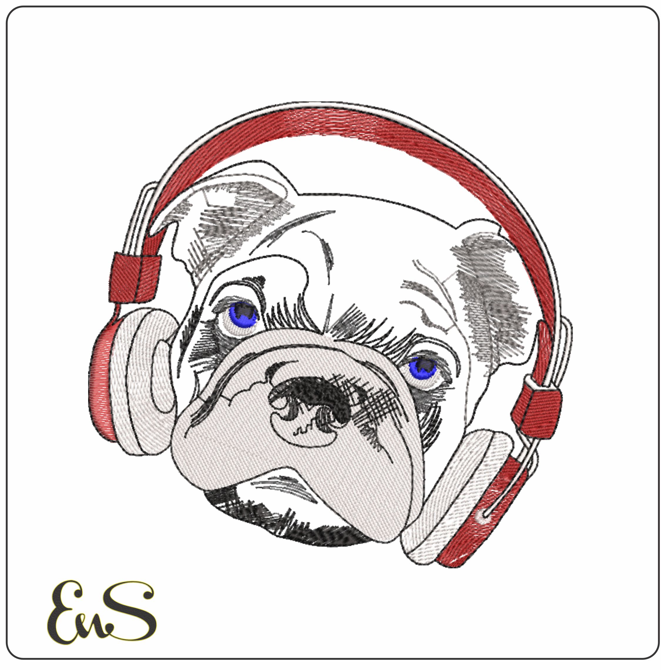 Bulldog in Headphones- Elegant embroidery design file - instant download