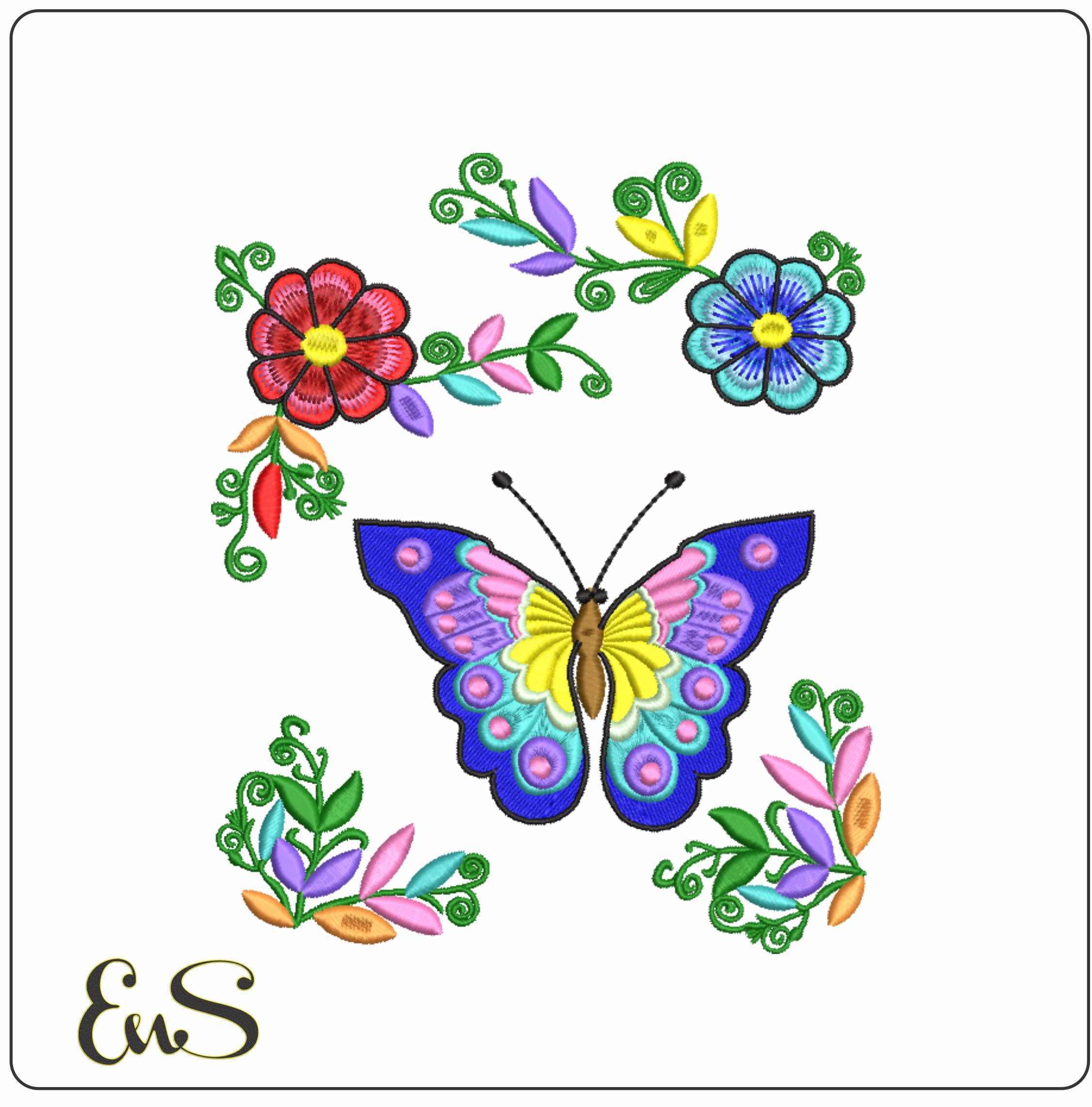 Butterfly and Flowers- Elegant embroidery design file - instant download