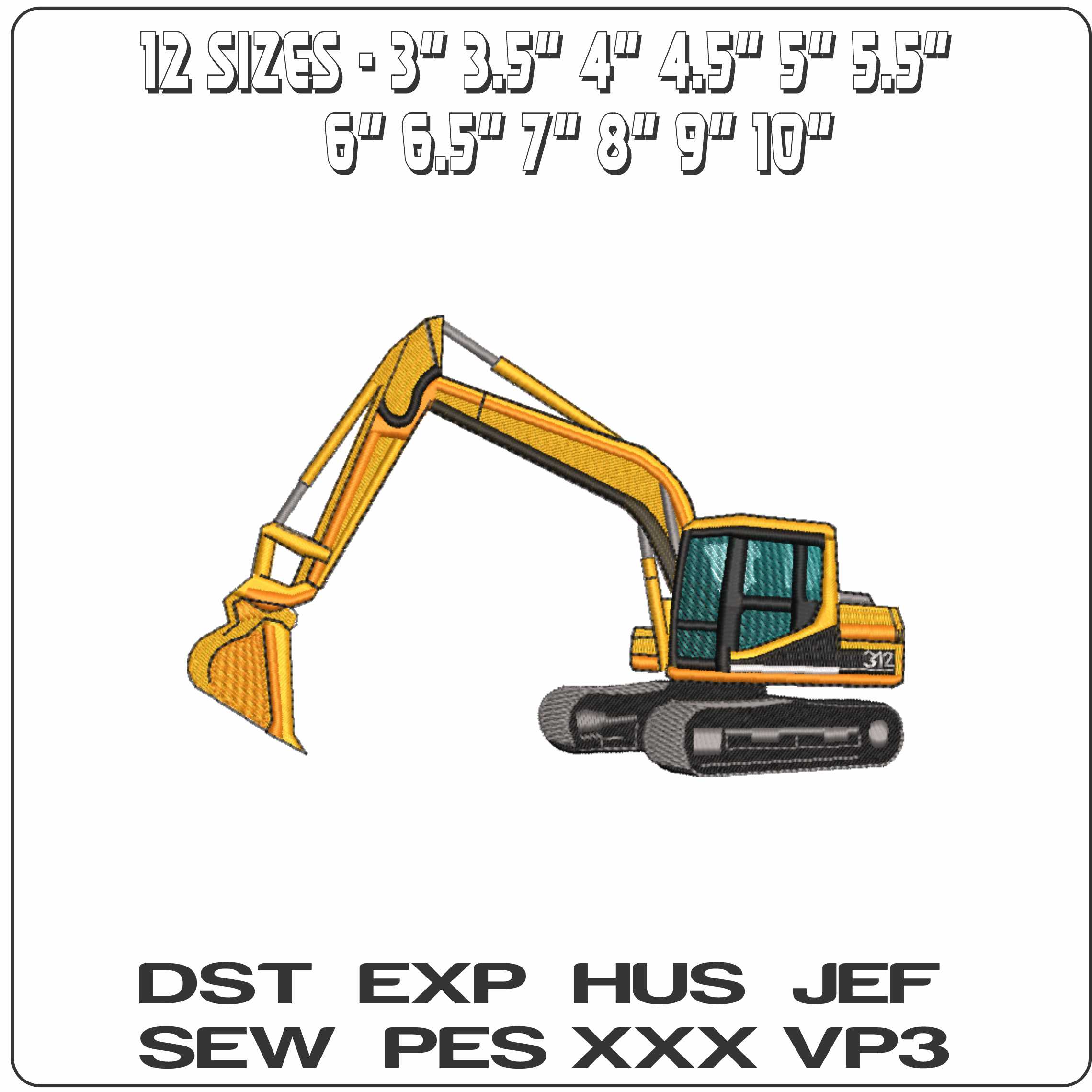 Cat 312 Excavator- Elegant embroidery design file - instant download