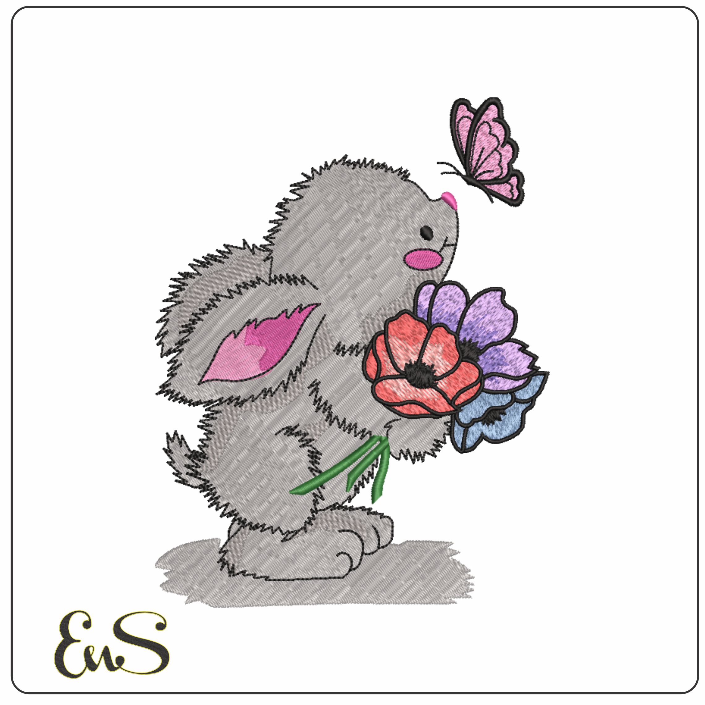 Cute Bunny with Flowers- Elegant embroidery design file - instant download