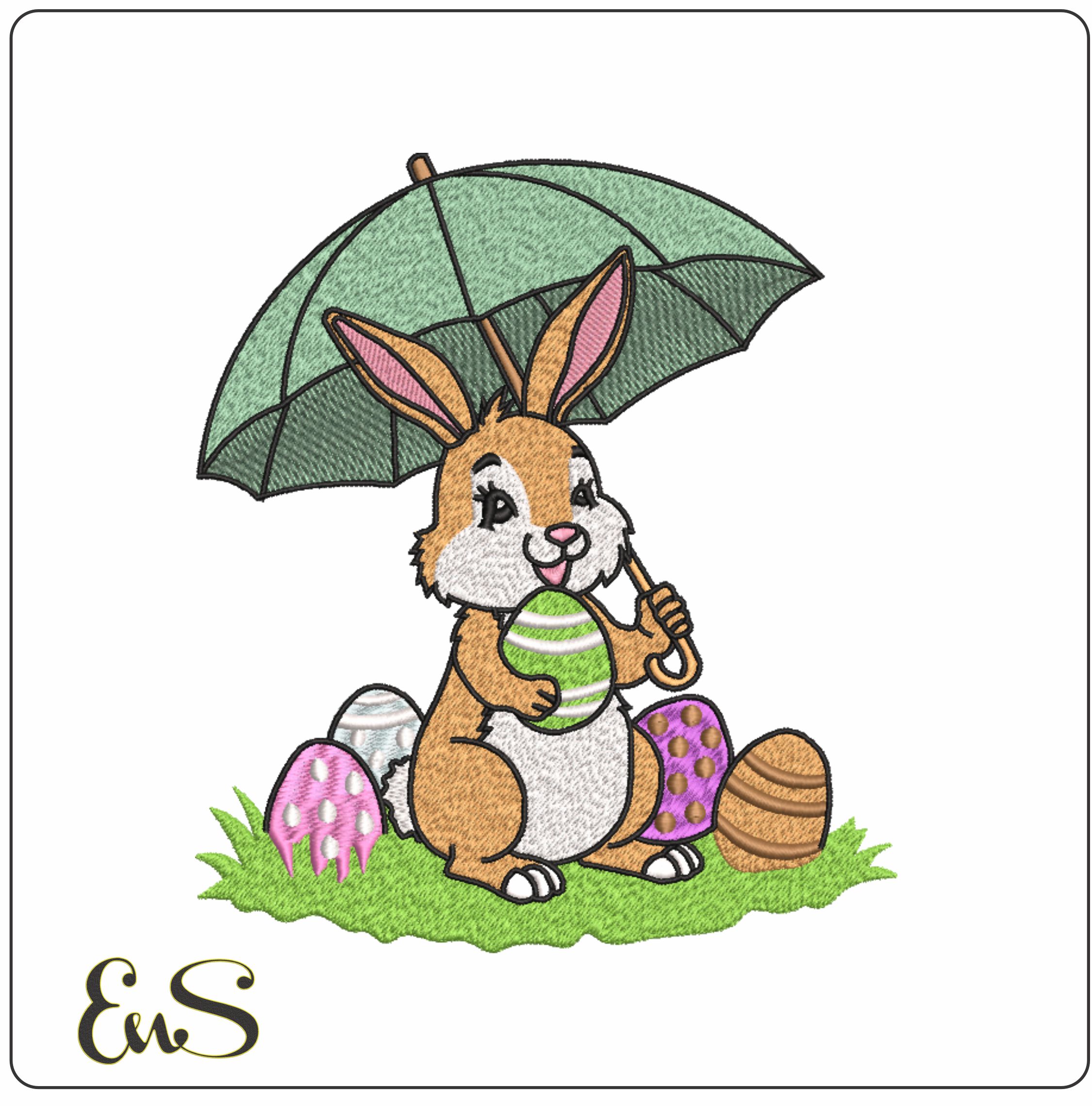 Cute Easter Bunny with Umbrella- Elegant embroidery design file - instant download