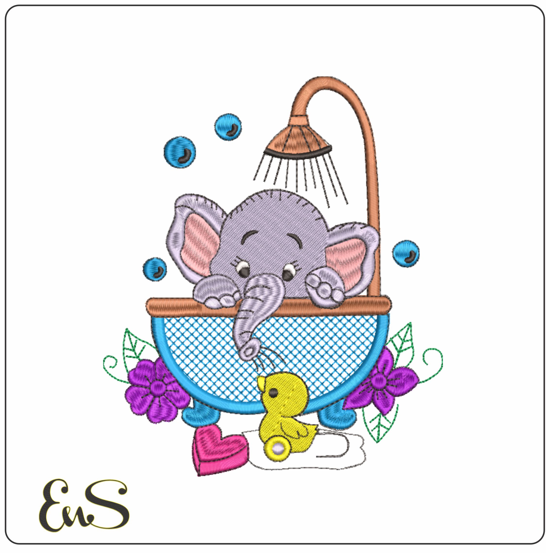 Elephant in Bath- Elegant embroidery design file - instant download