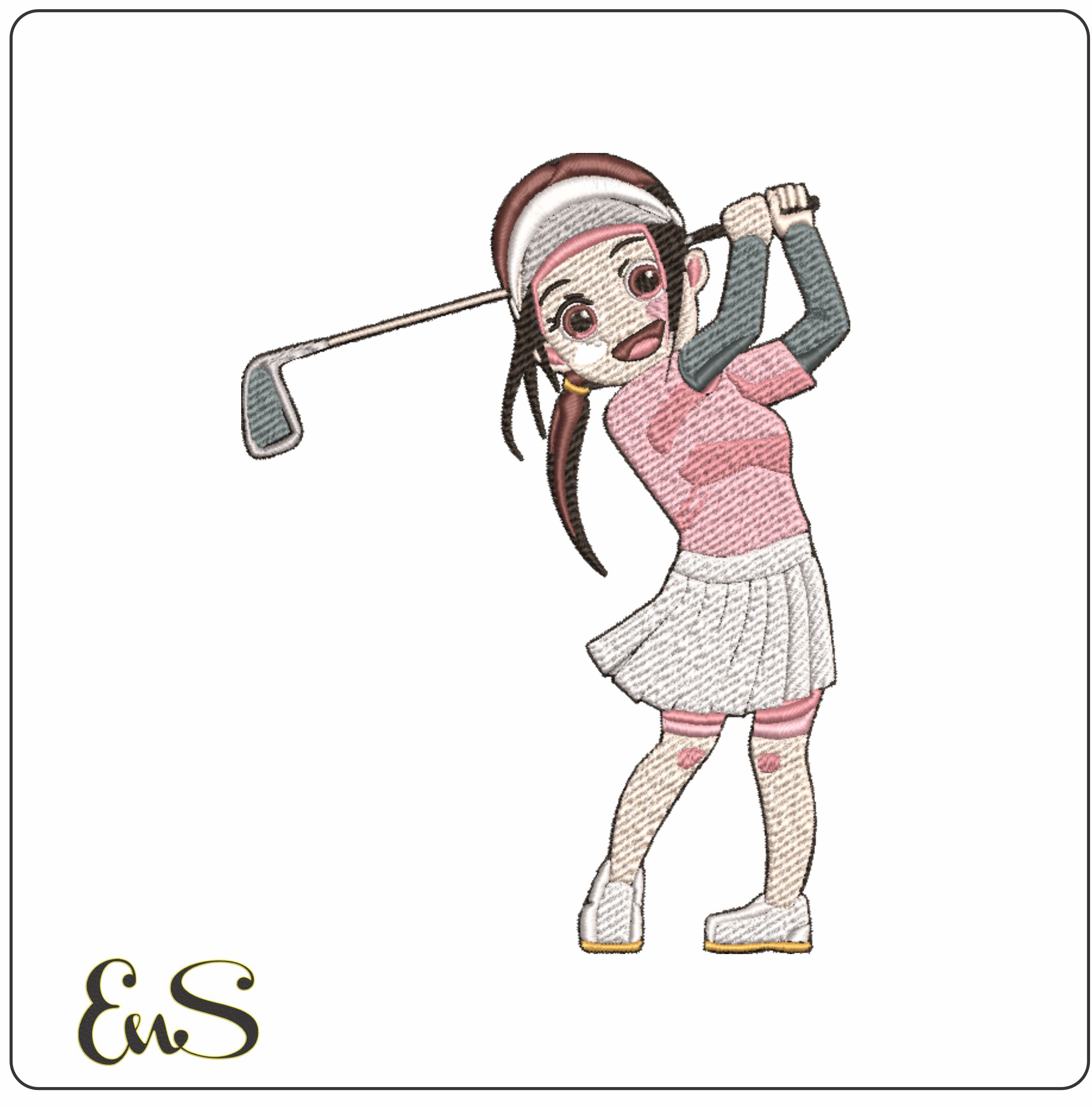 Asian Golfer Girl- Elegant embroidery design file - instant download