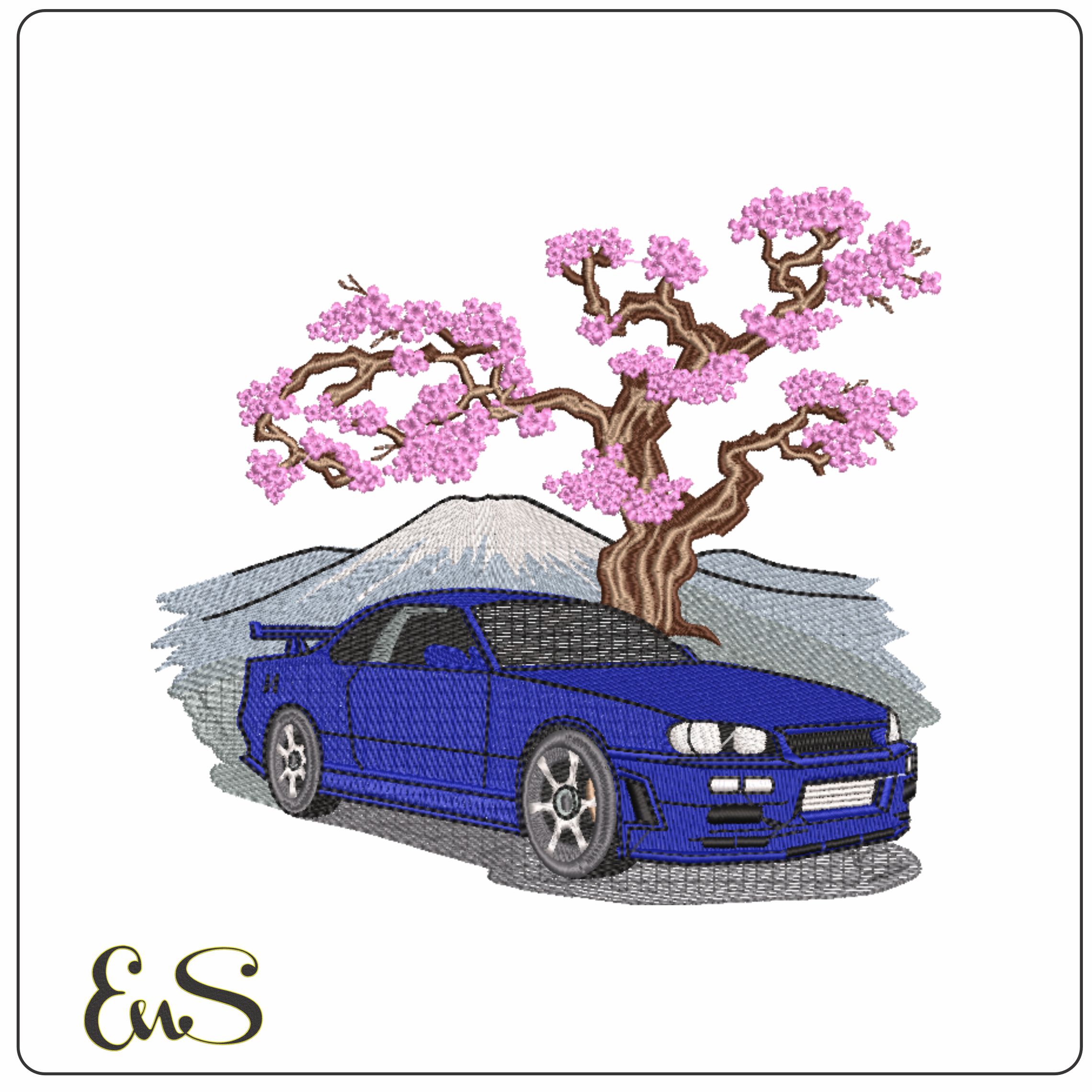 Japanese Car and Cherry Blossom- Elegant embroidery design file - instant download