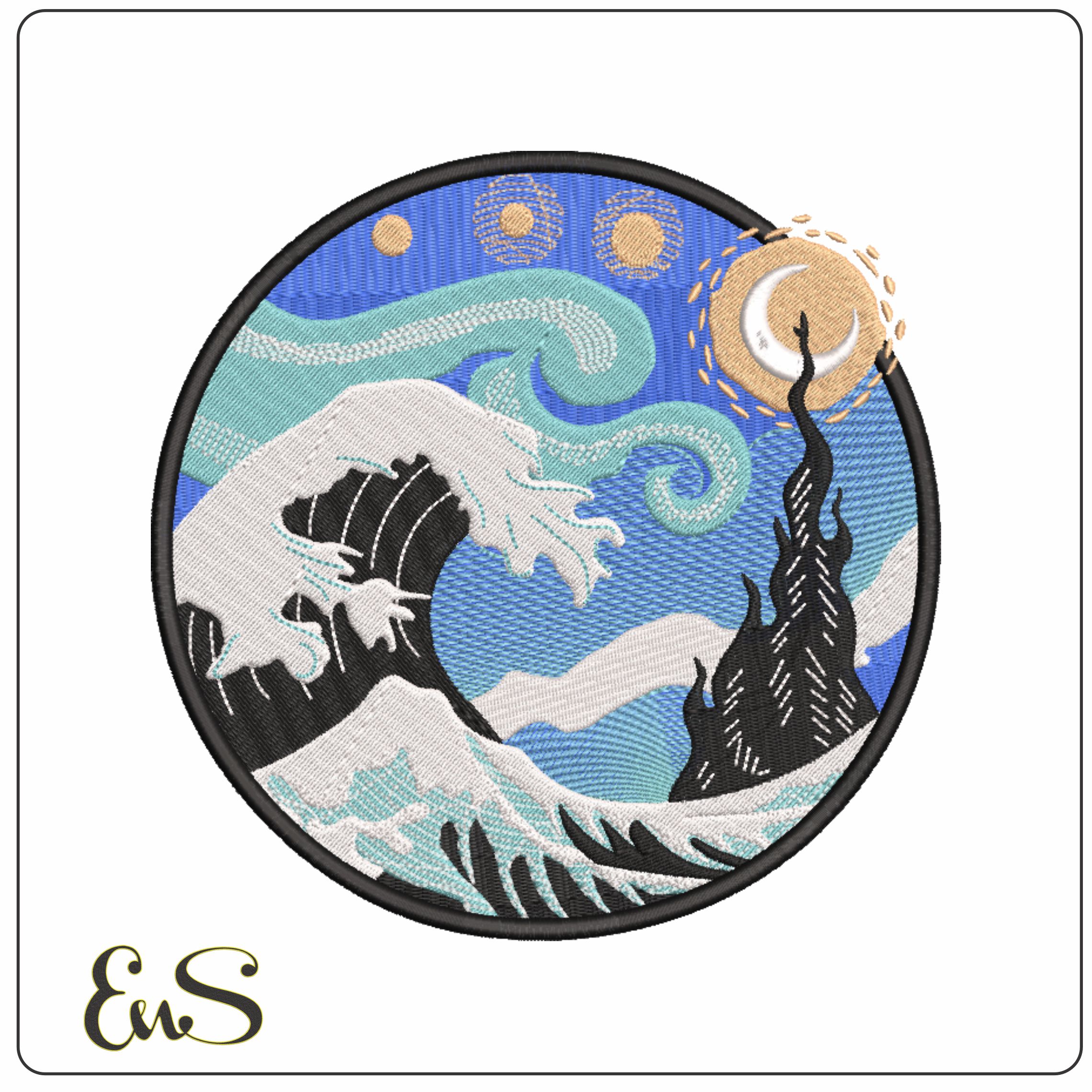 Japanese Wave moon - Anime- Elegant embroidery design file - instant download