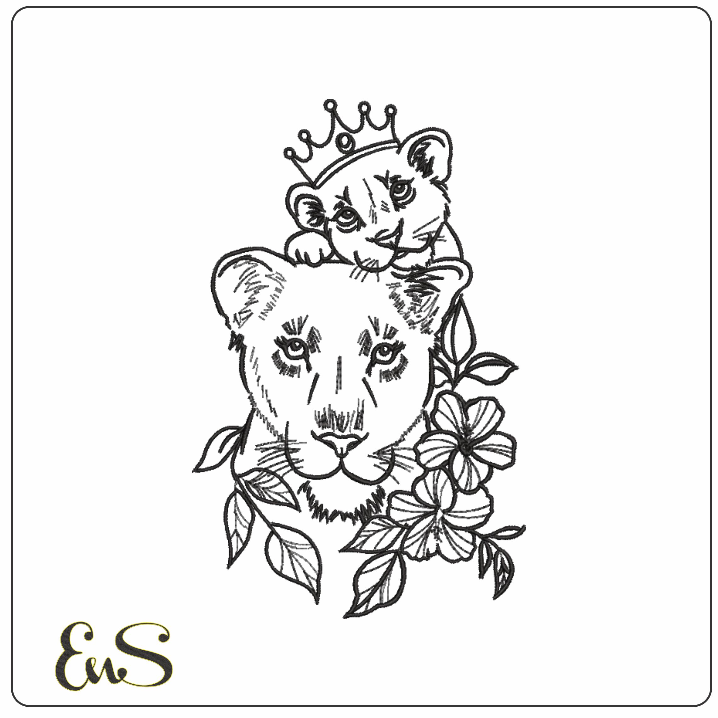 Lioness with her Prince Line Art- Elegant embroidery design file - instant download