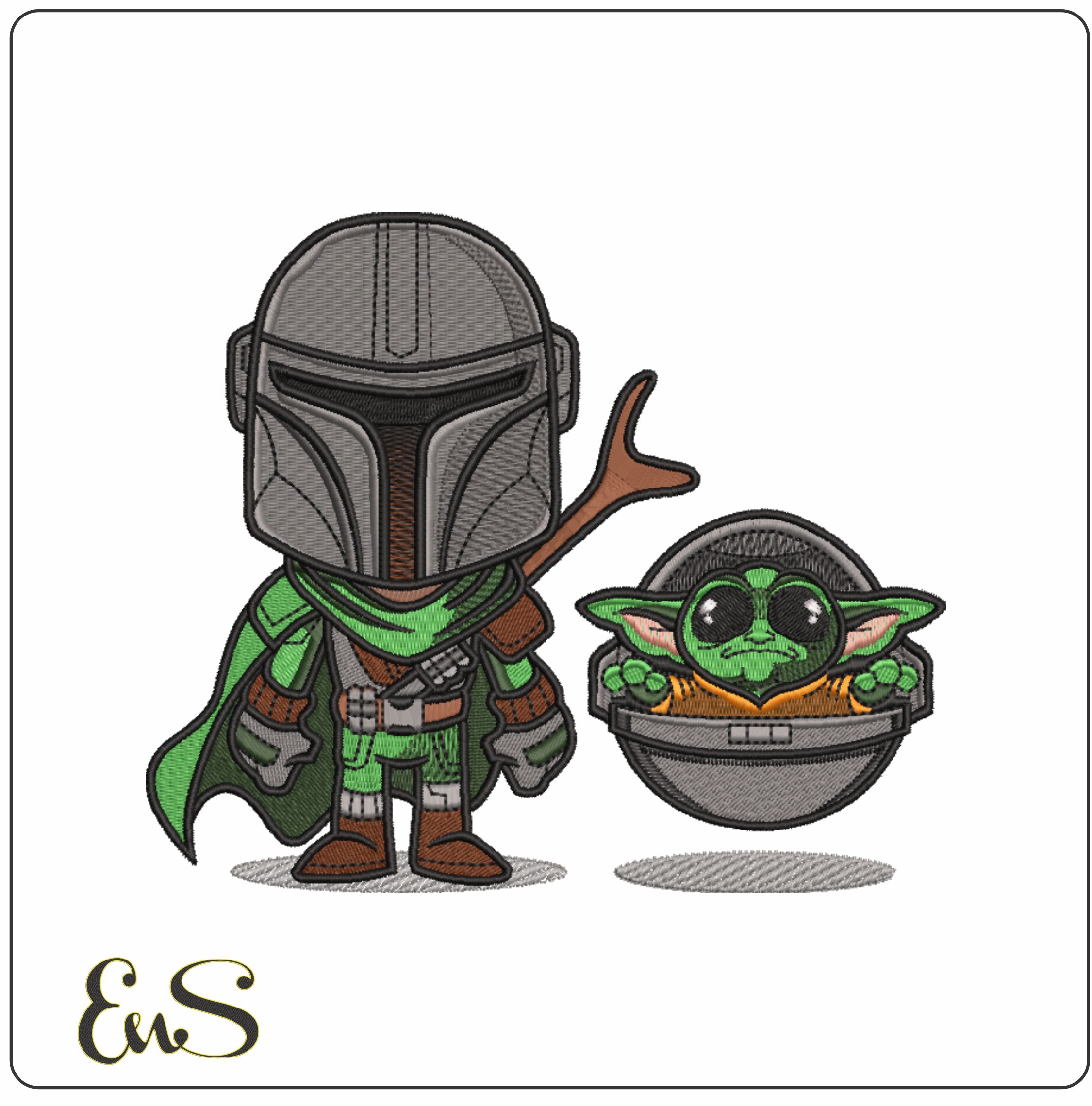 Mandalorian and baby Yoda cartoon- Elegant embroidery design file - instant download