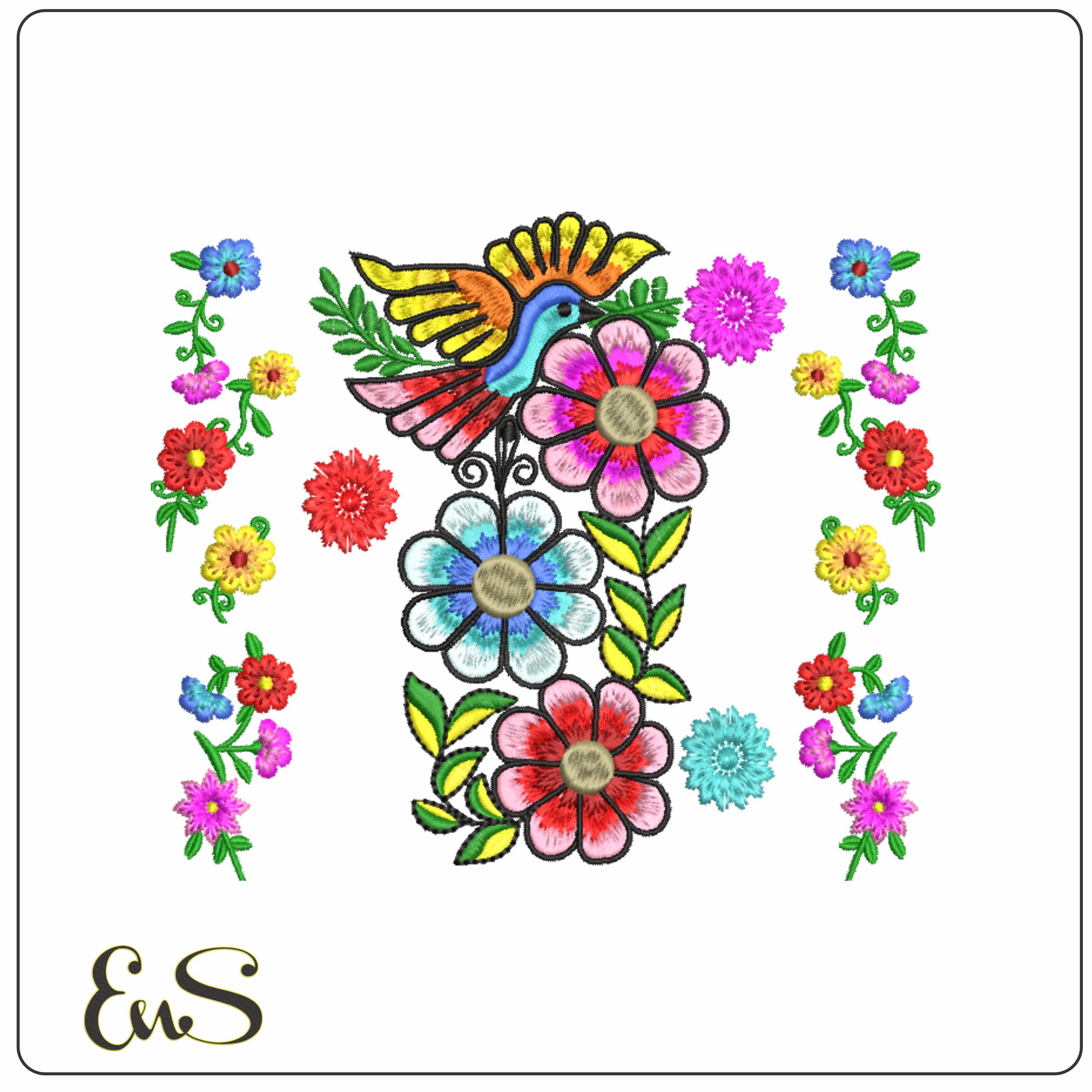 Mexican Bird and flowers- Elegant embroidery design file - instant download