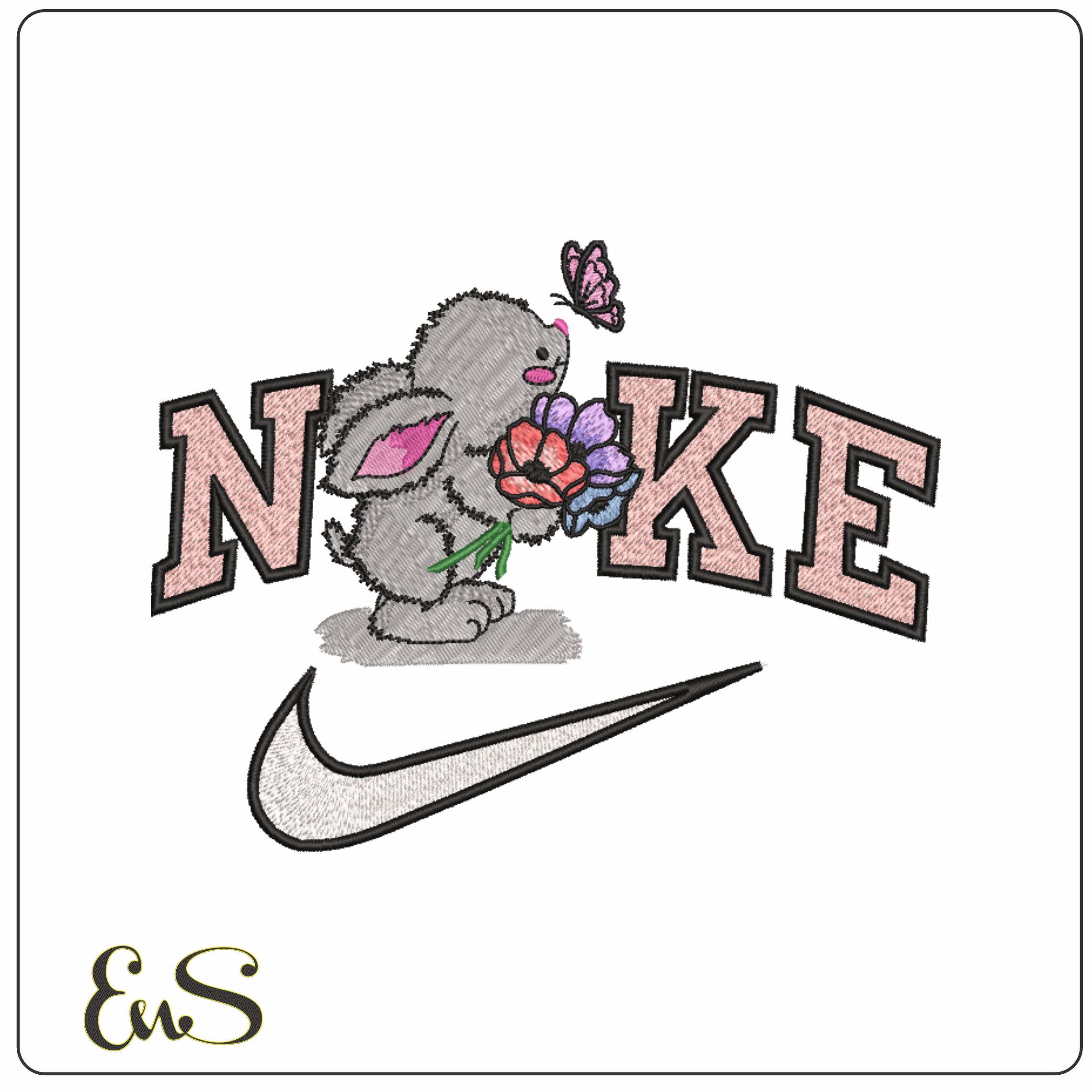Nike Bunny with Flowers- Elegant embroidery design file - instant download