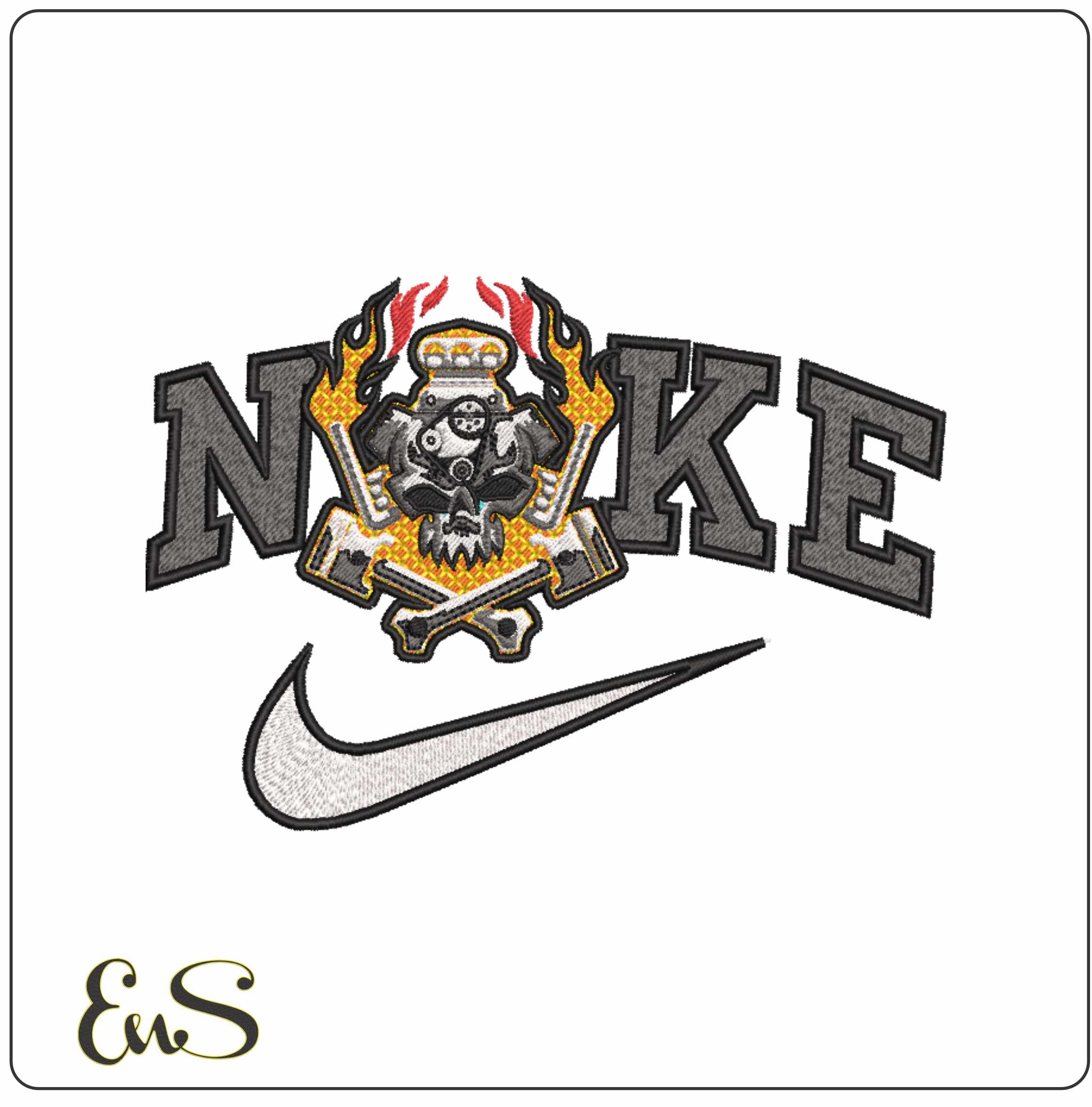 Nike Skull engine flames- Elegant embroidery design file - instant download