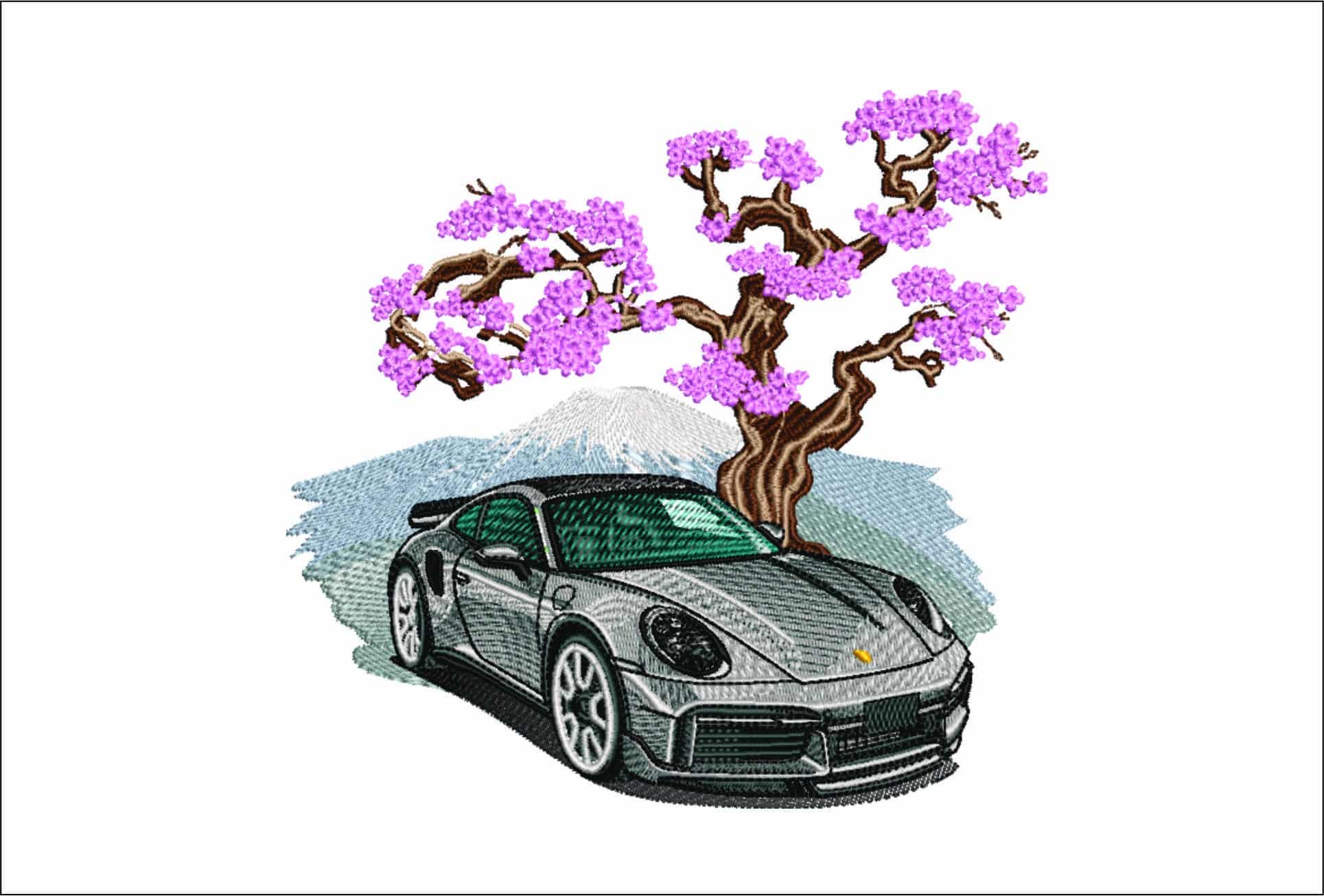 Porsche with Cherry blossom- Elegant embroidery design file - instant download
