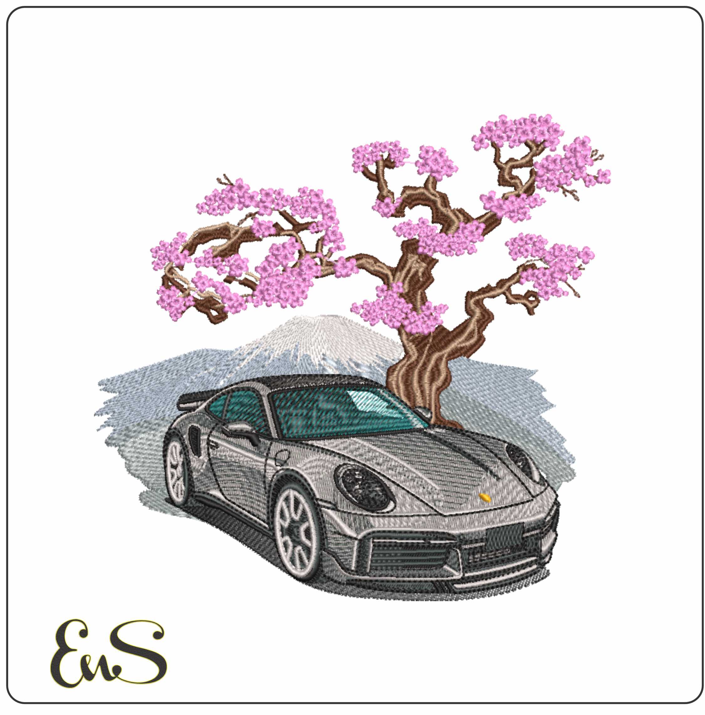Porsche with Cherry blossom- Elegant embroidery design file - instant download
