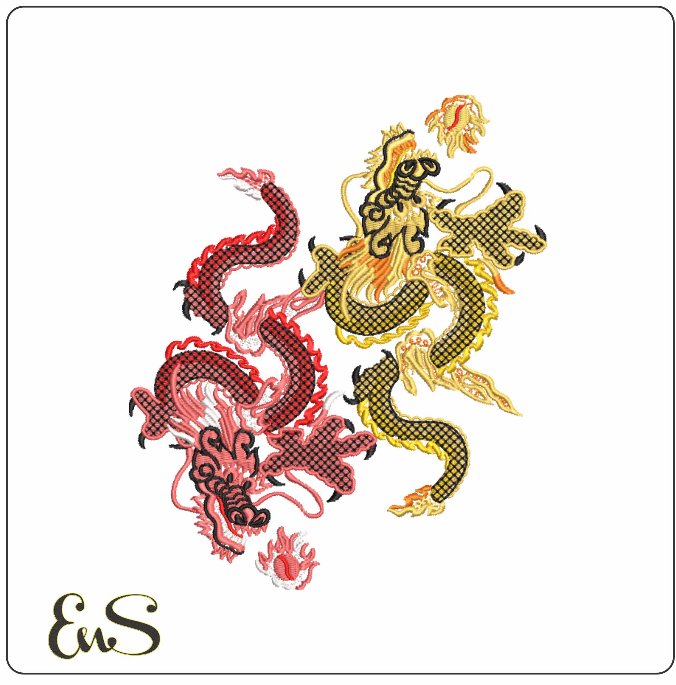 Red and Yellow Chinese Dragons- Elegant embroidery design file - instant download