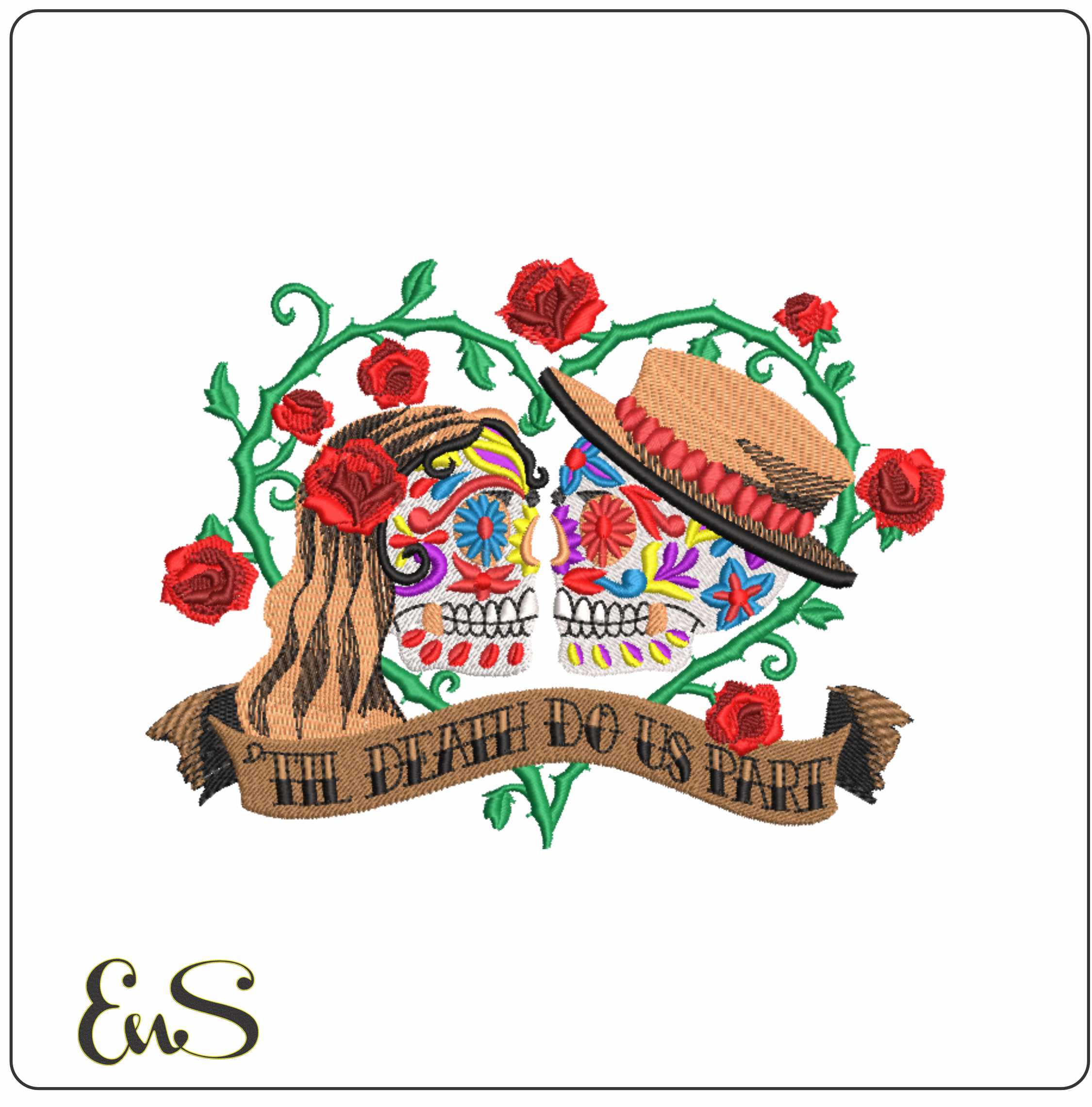 Sugar Skulls Death do us Part- Elegant embroidery design file - instant download