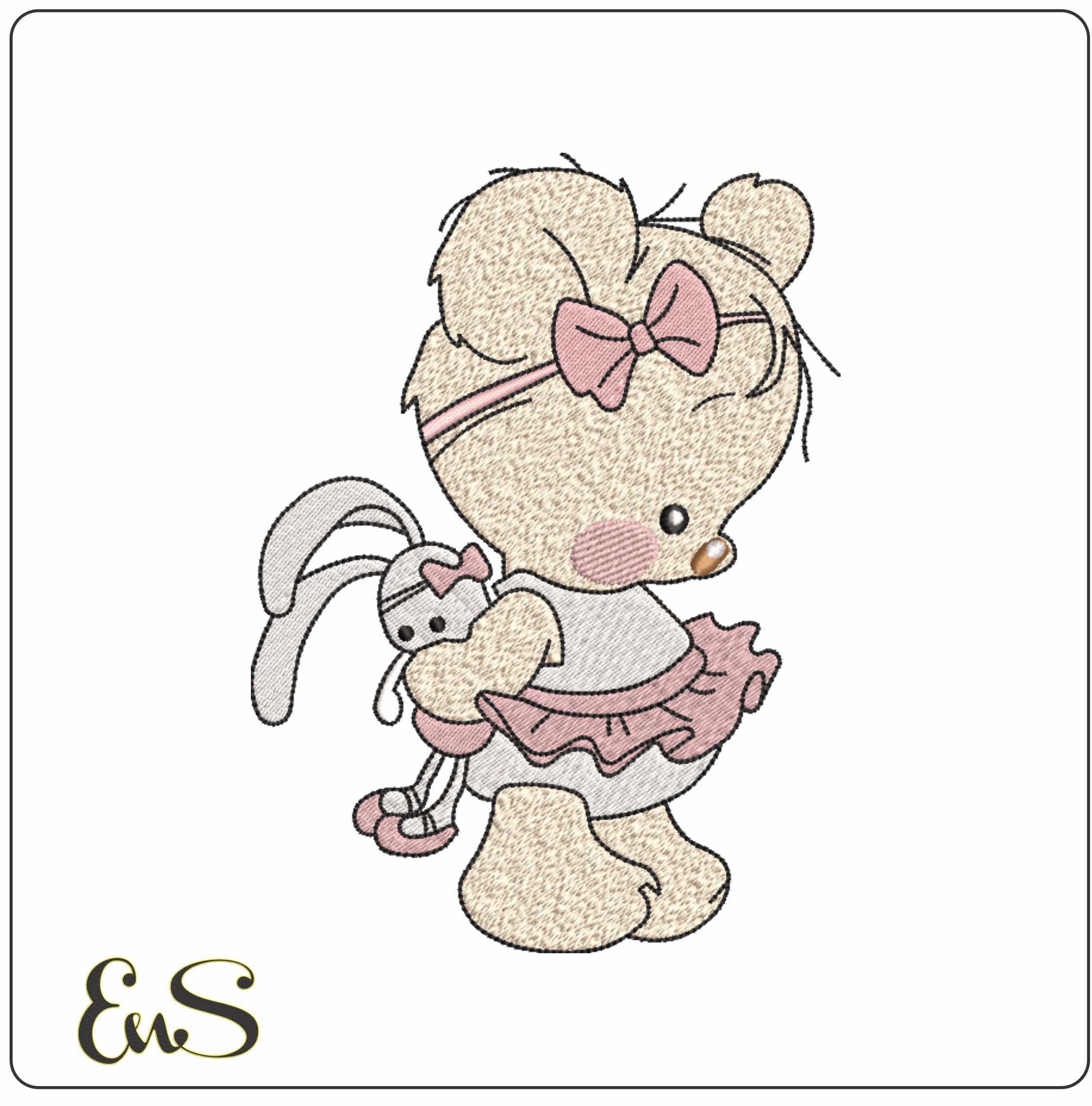 Teddy with toy Bunny- Elegant embroidery design file - instant download