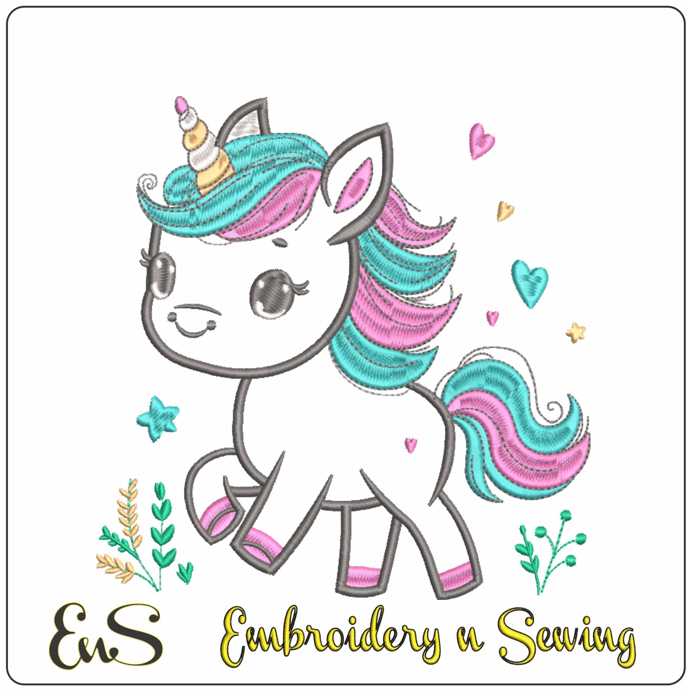 Unicorn Applique with flowers- Elegant embroidery design file - instant download