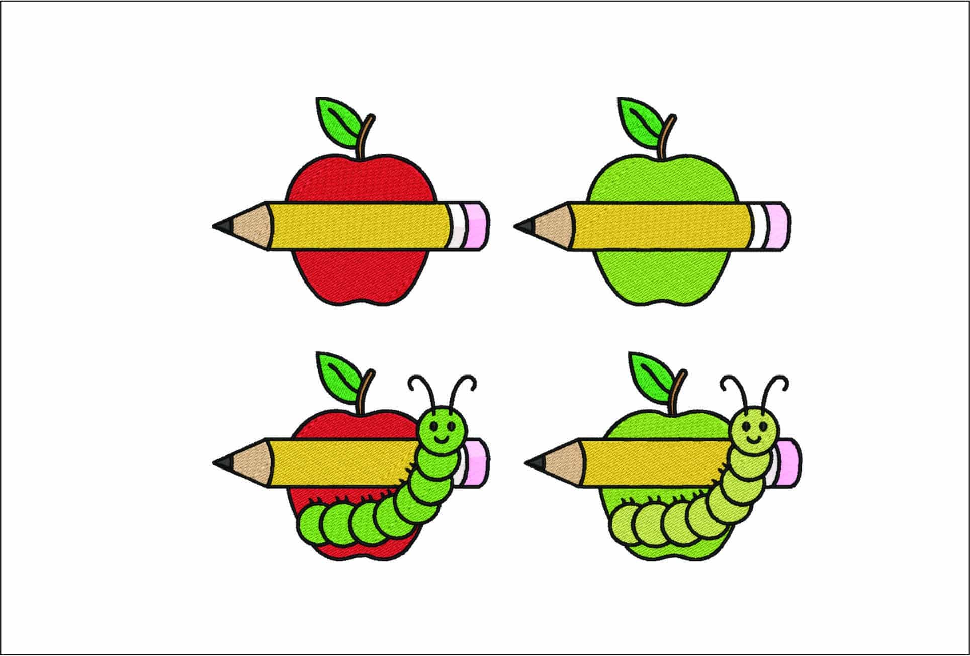 4 Pencils and Apples- Elegant embroidery design file - instant download