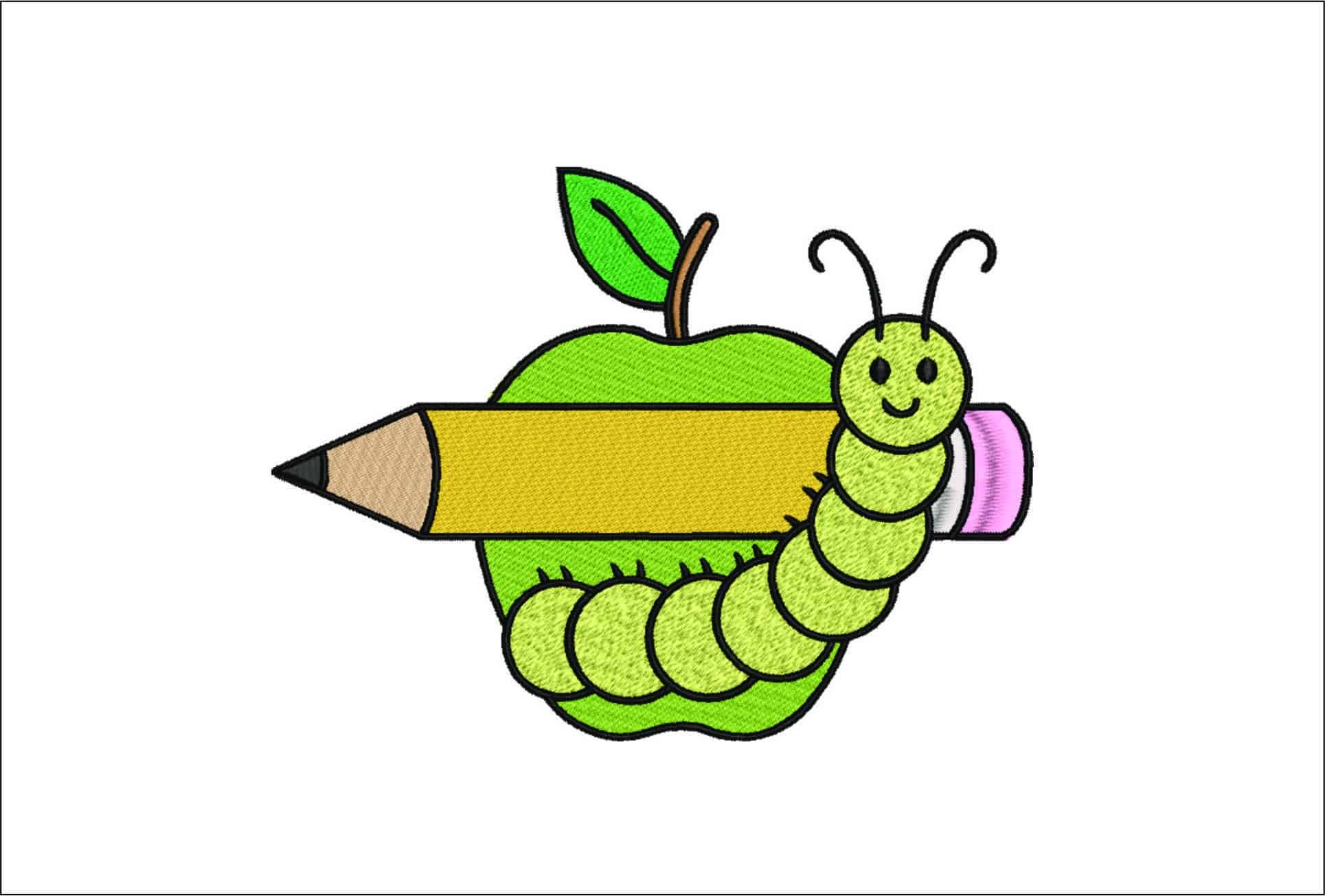 Apple Pencil and Catapillar- Elegant embroidery design file - instant download