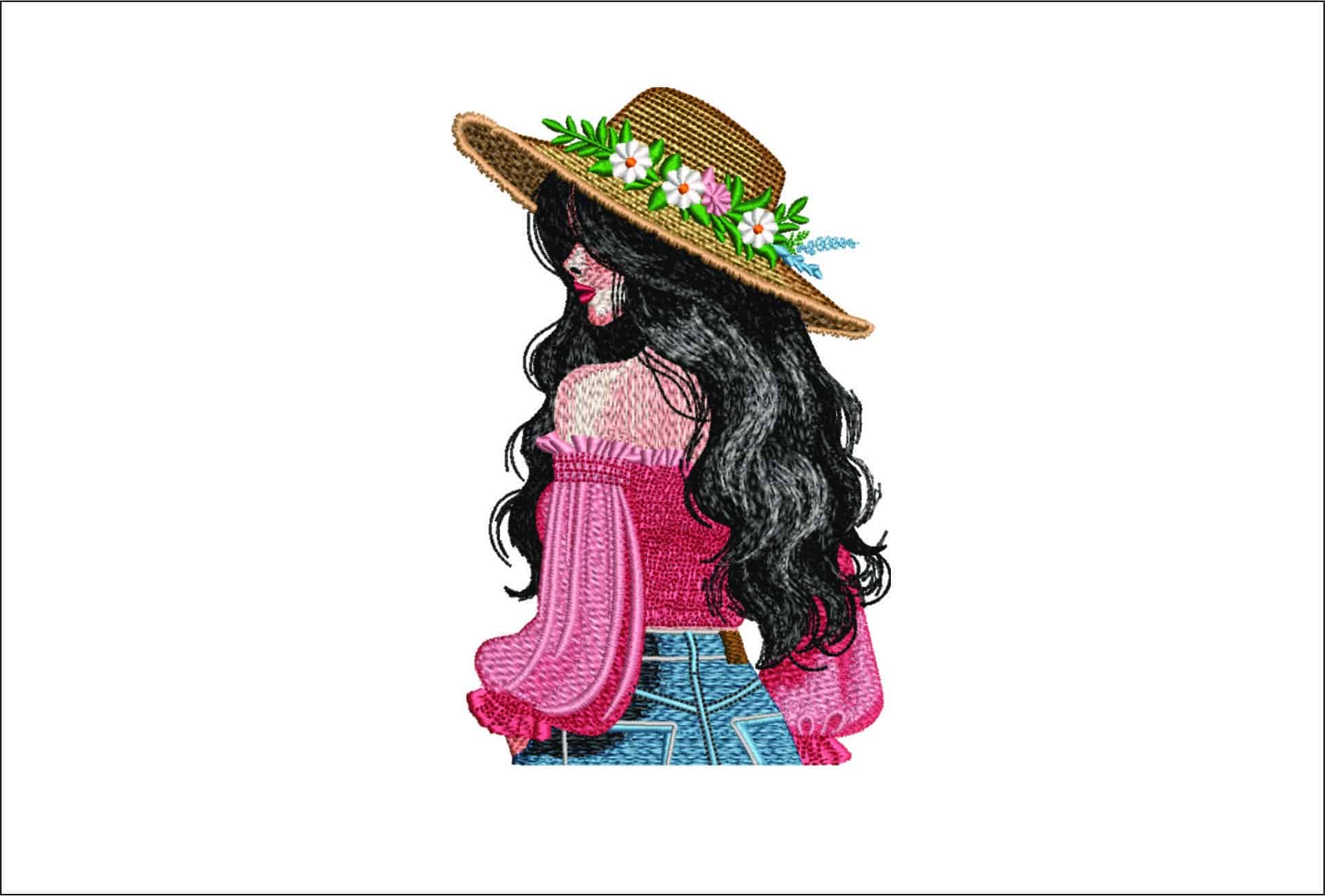 Lady in Summer Dress and flower hat- Elegant embroidery design file - instant download