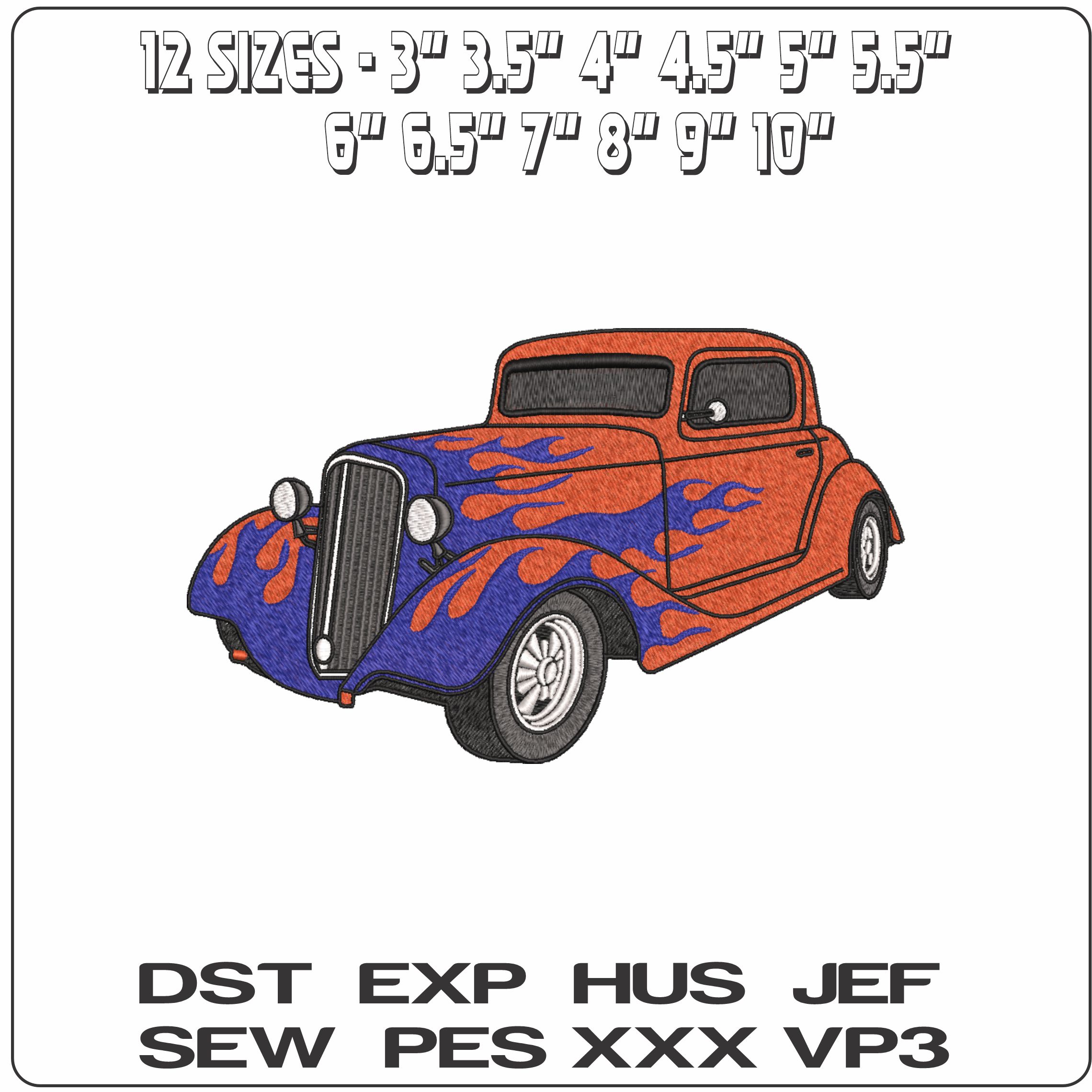 1950's Hotrod with Flames- Elegant embroidery design file - instant download