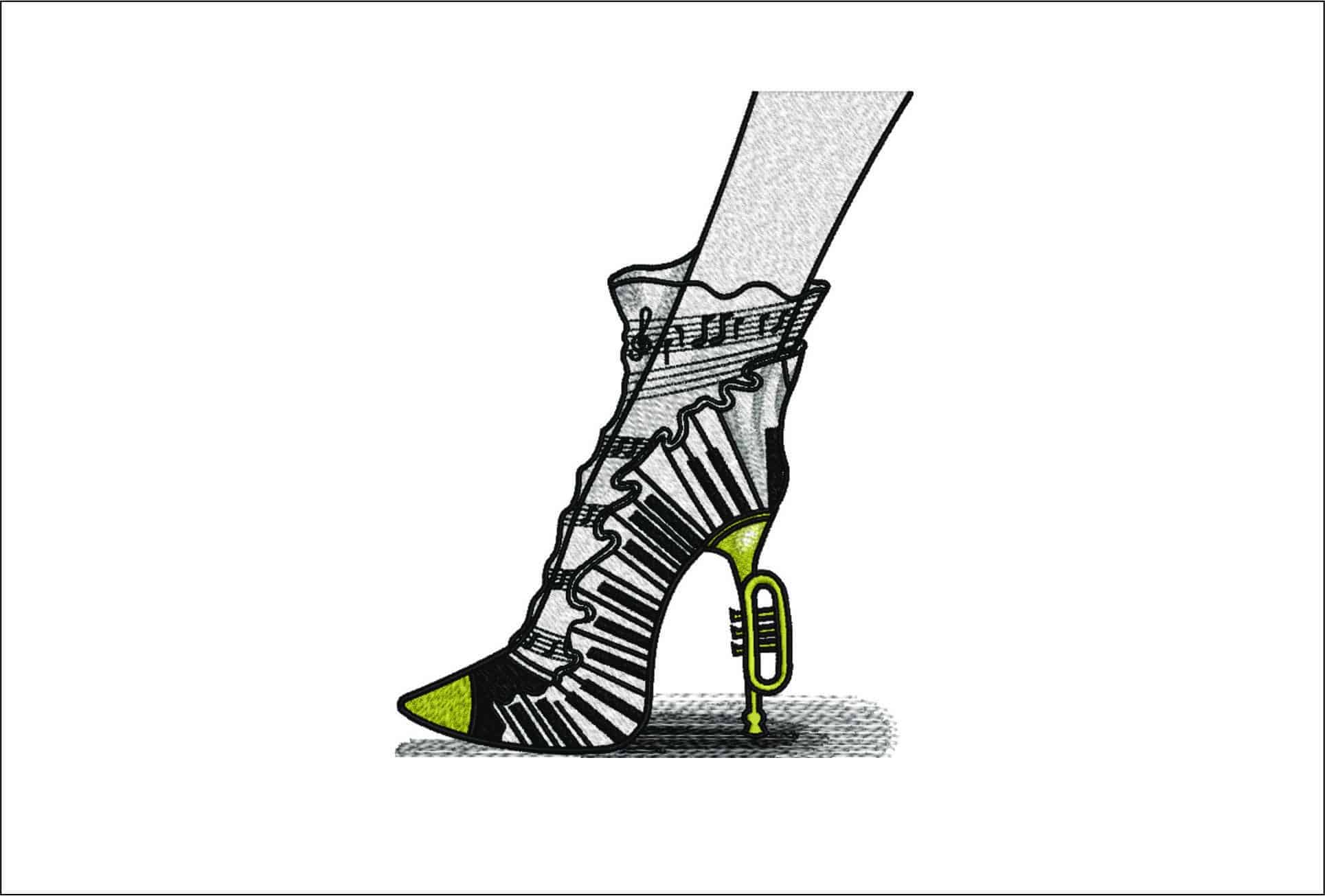 Music High heel- Elegant embroidery design file - instant download