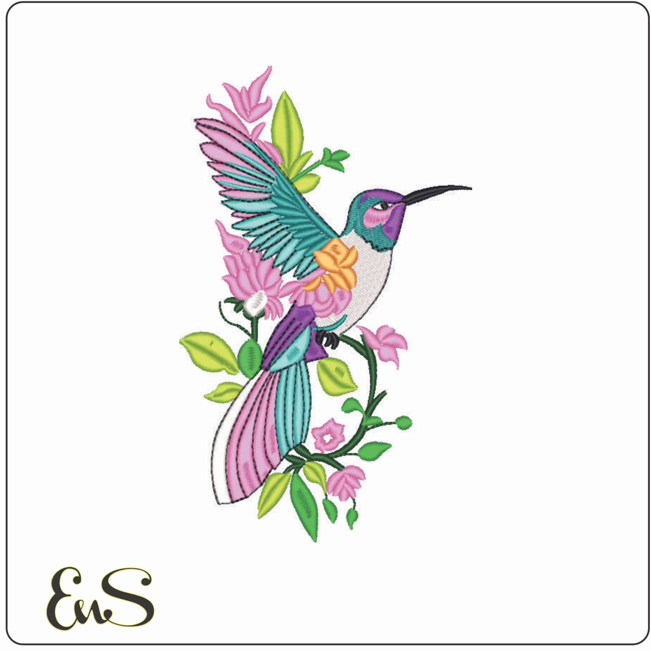 Humming bird on Flowers-Elegant embroidery design file - instant download