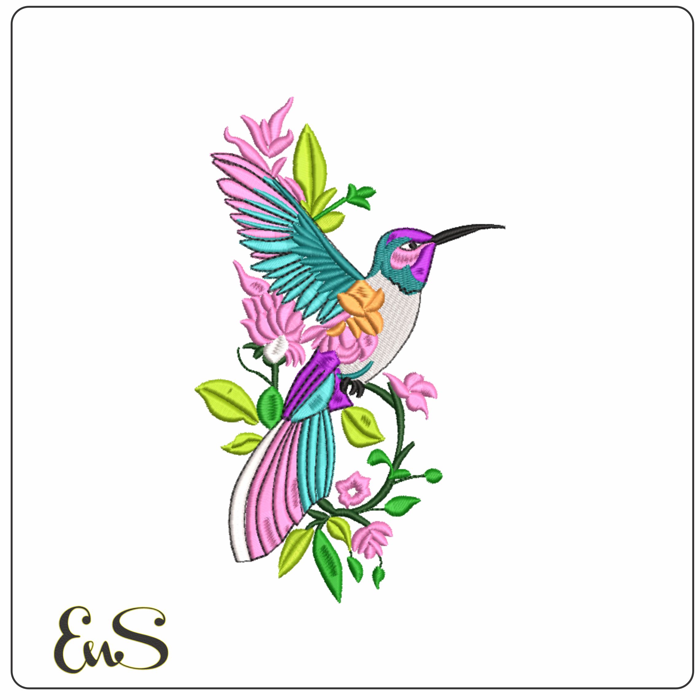 Humming bird on Flowers-Elegant embroidery design file - instant download
