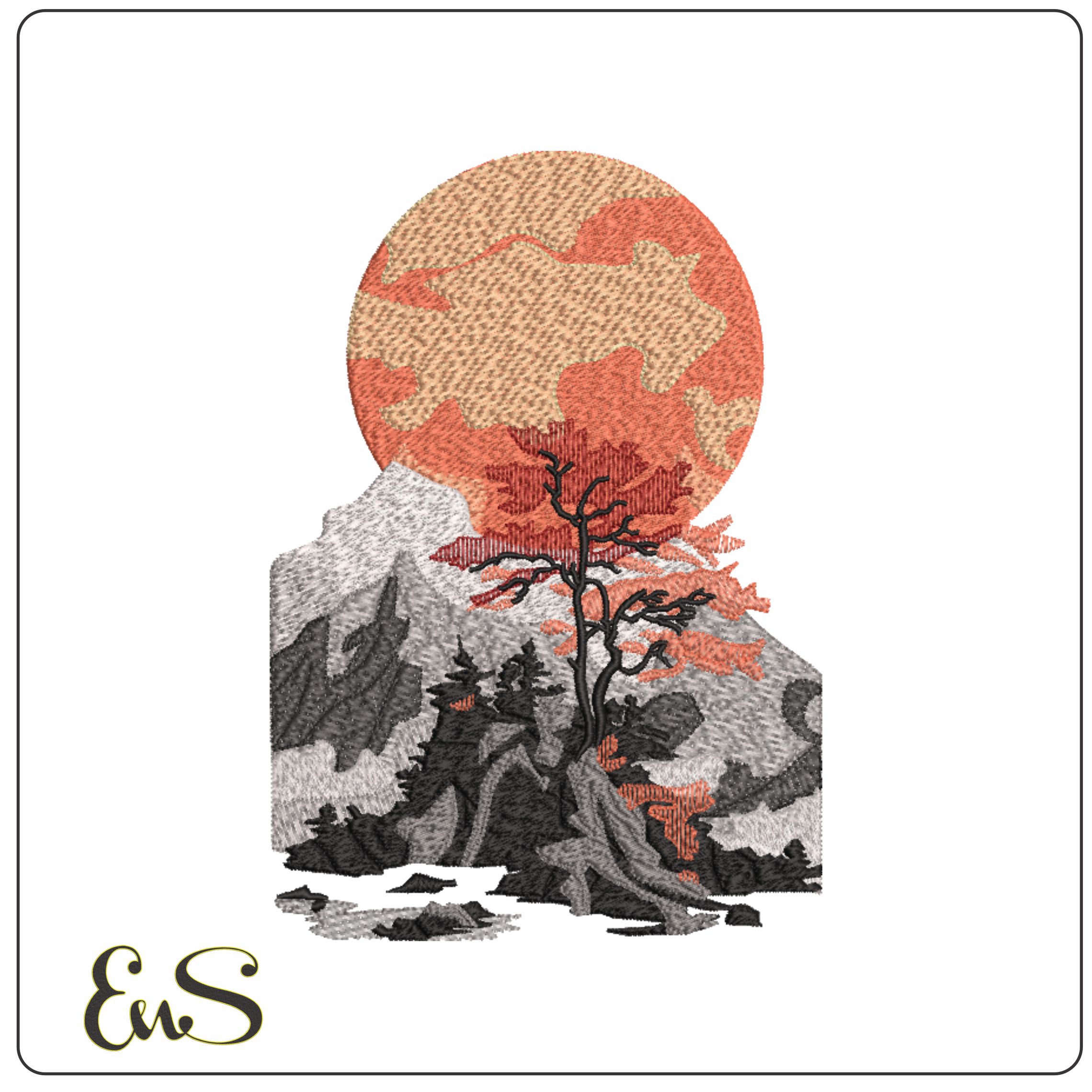 Japanese Sunset and Mountain-Elegant embroidery design file - instant download