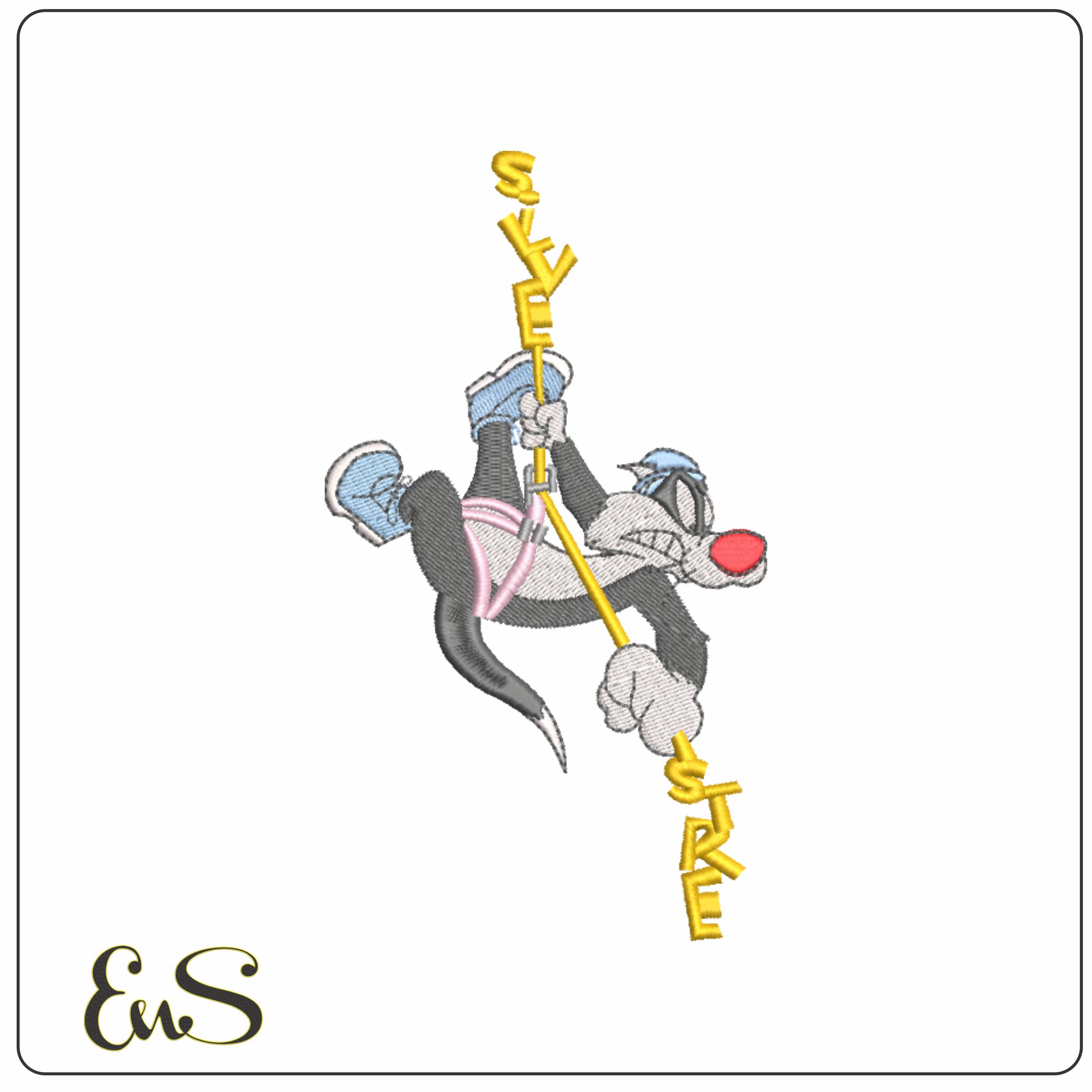 Sylvester Pussy Cat on Rope-Elegant embroidery design file - instant download