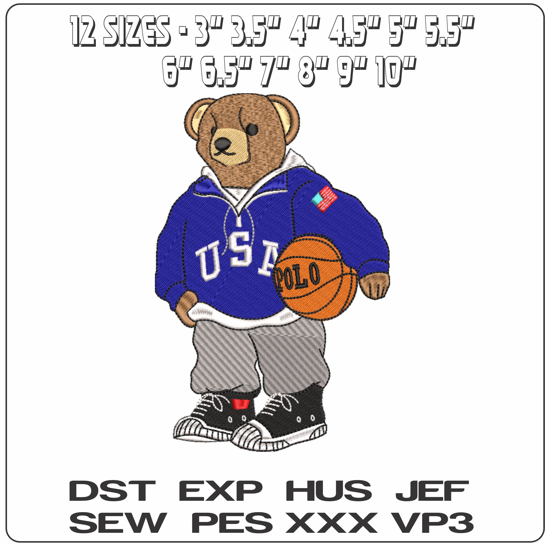 USA Bear with Basketball POLO-Elegant embroidery design file - instant download