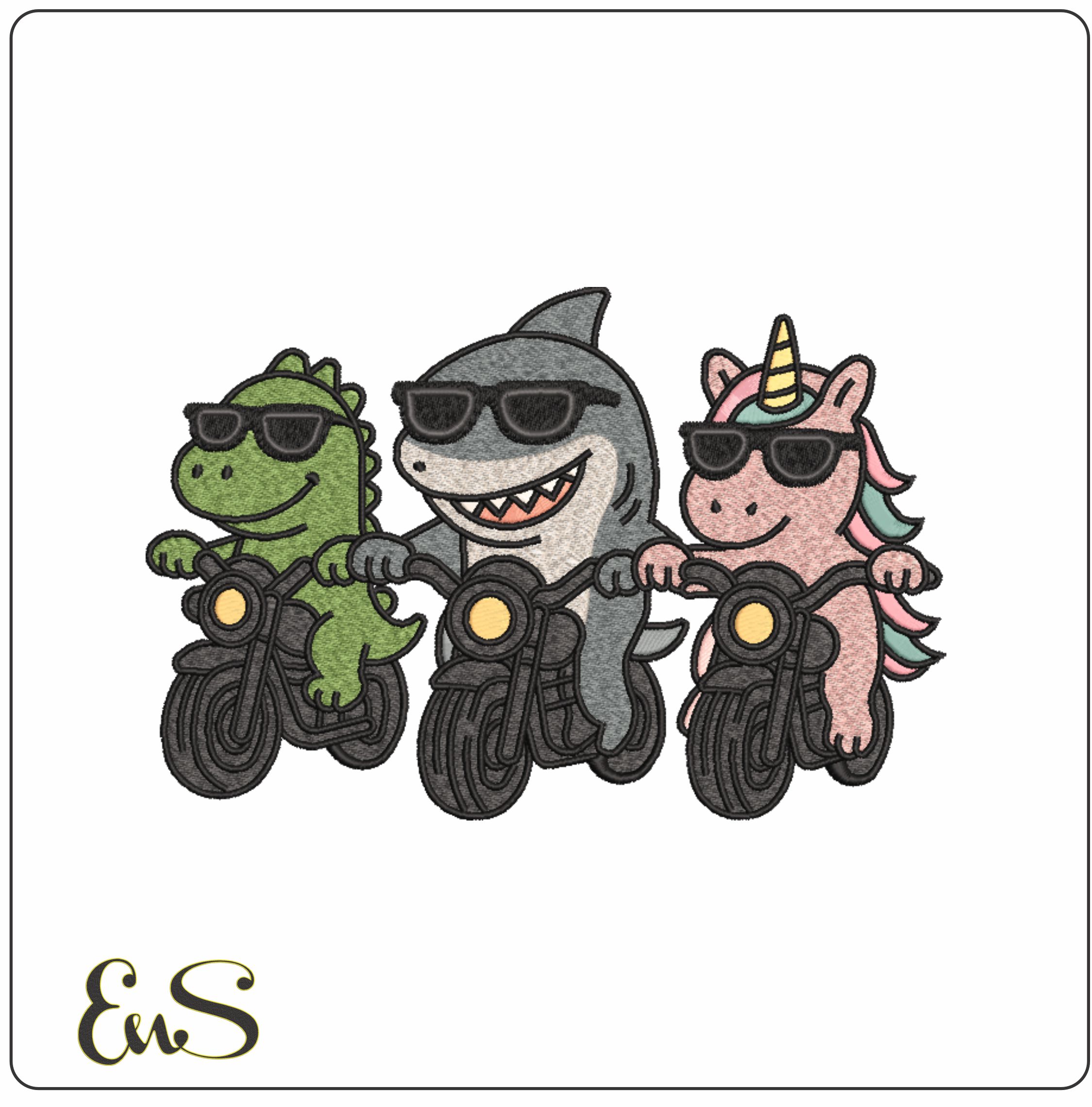 Aligator Shark and Unicorn Bikes-Elegant embroidery design file - instant download