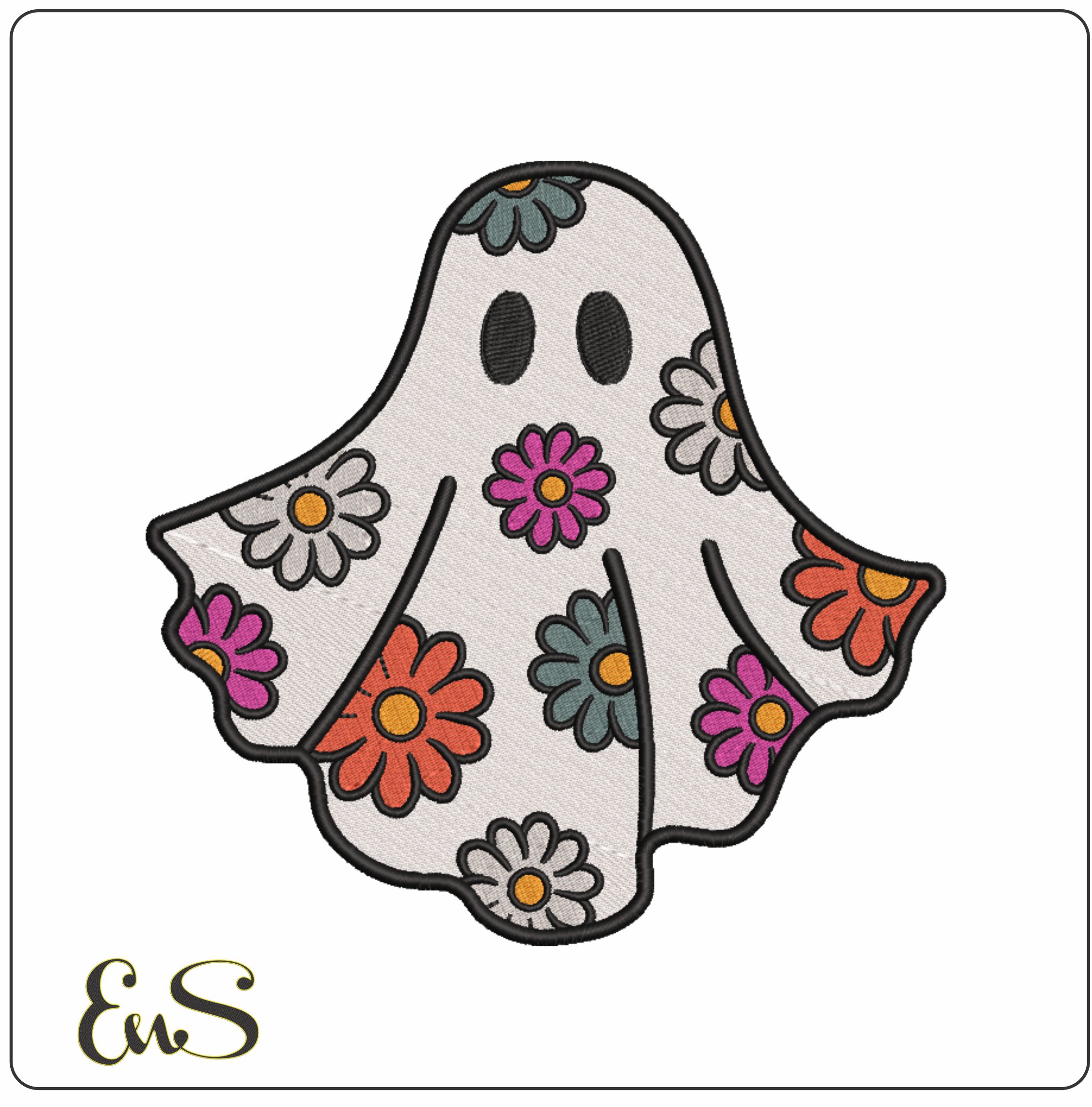 Boo Ghost with Flowers-Elegant embroidery design file - instant download