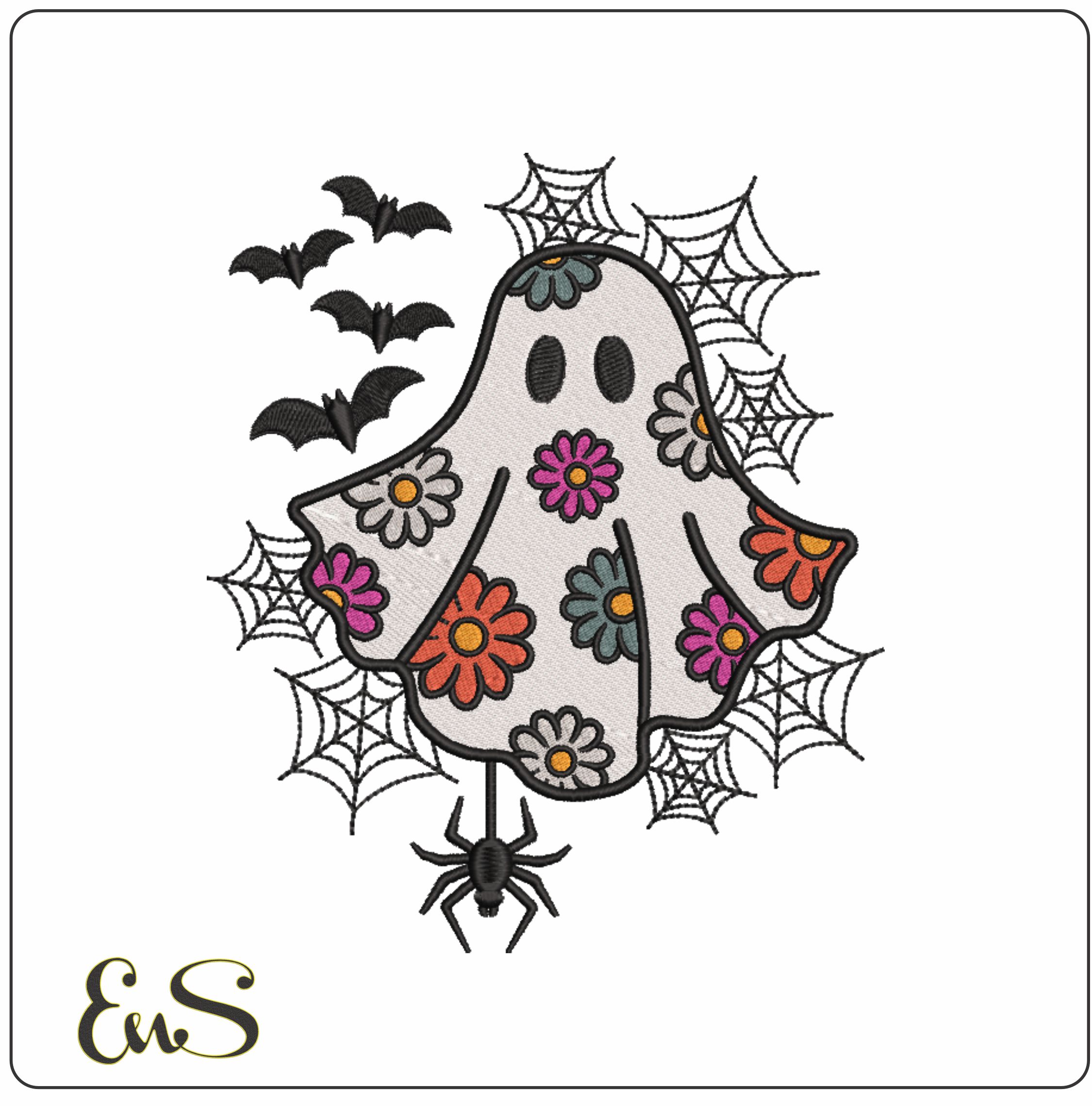 Boo Ghost with Flowers bats and Spider-Elegant embroidery design file - instant download