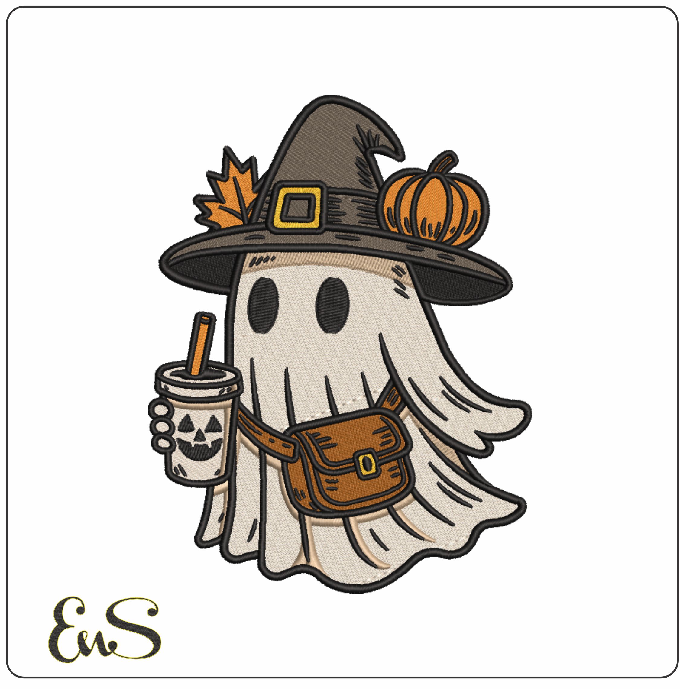 Boo Ghost with Halloween Coffee-Elegant embroidery design file - instant download