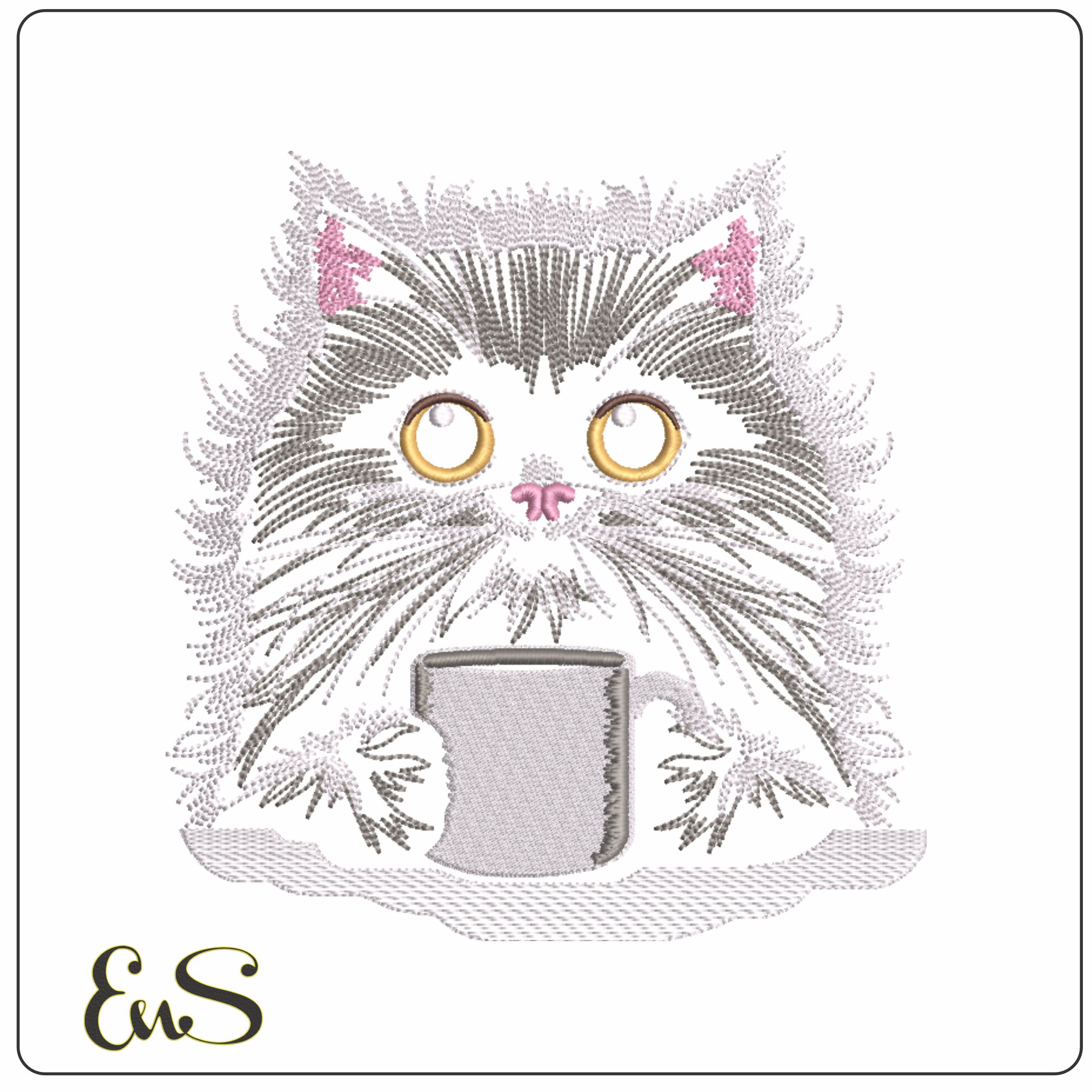 Cat with Cup of Coffee-Elegant embroidery design file - instant download