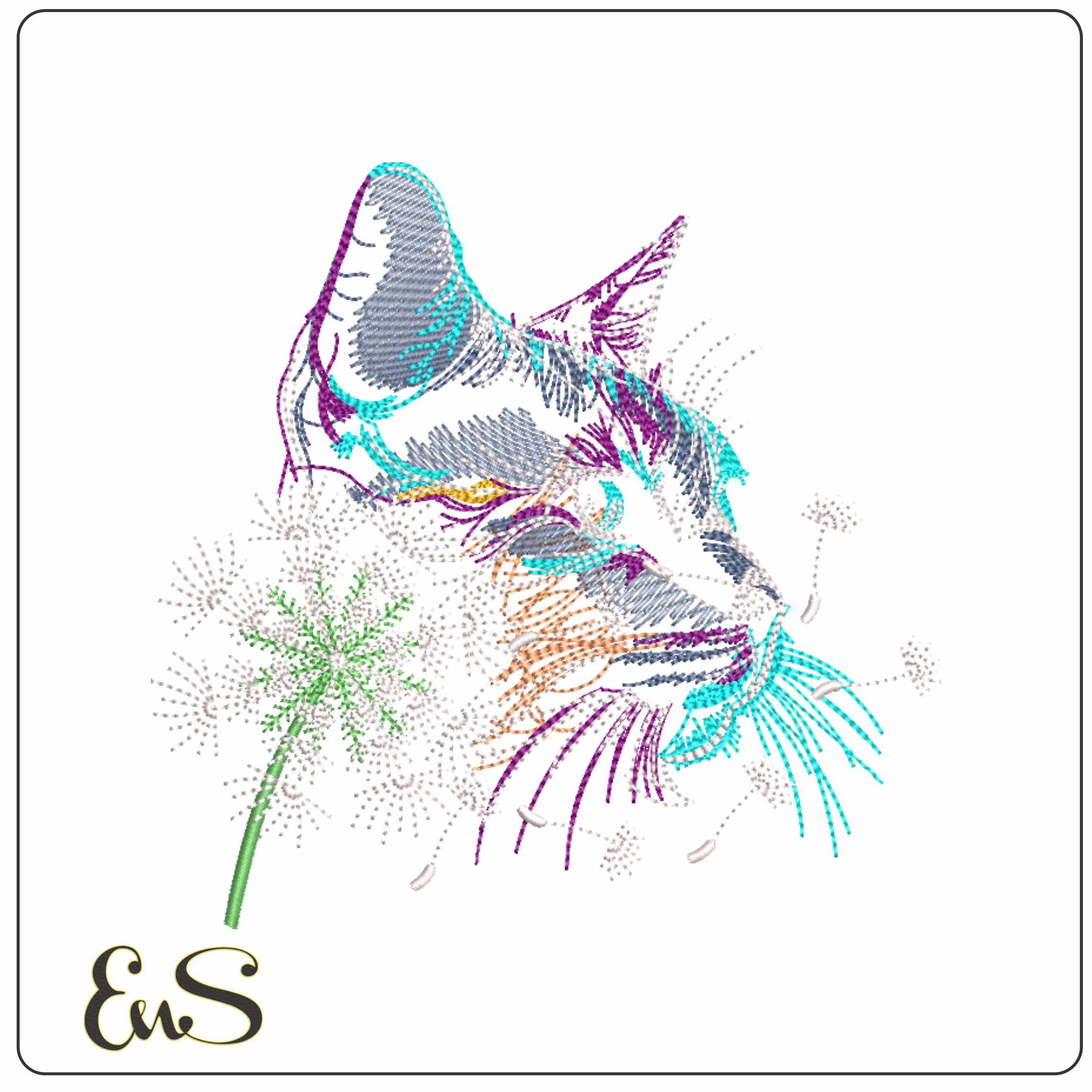 Colorful Cat with Dandelion-Elegant embroidery design file - instant download