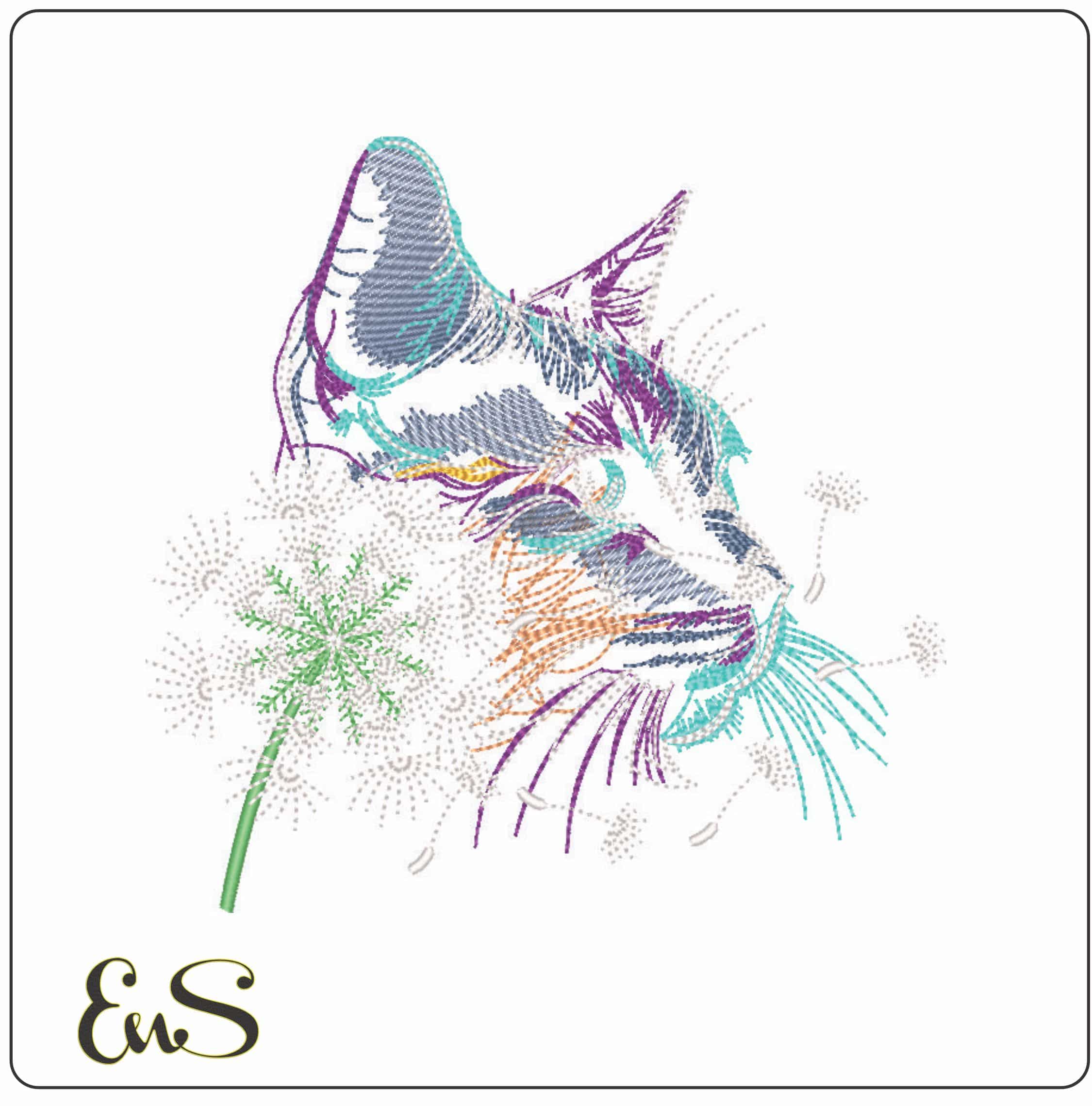 Colorful Cat with Dandelion-Elegant embroidery design file - instant download