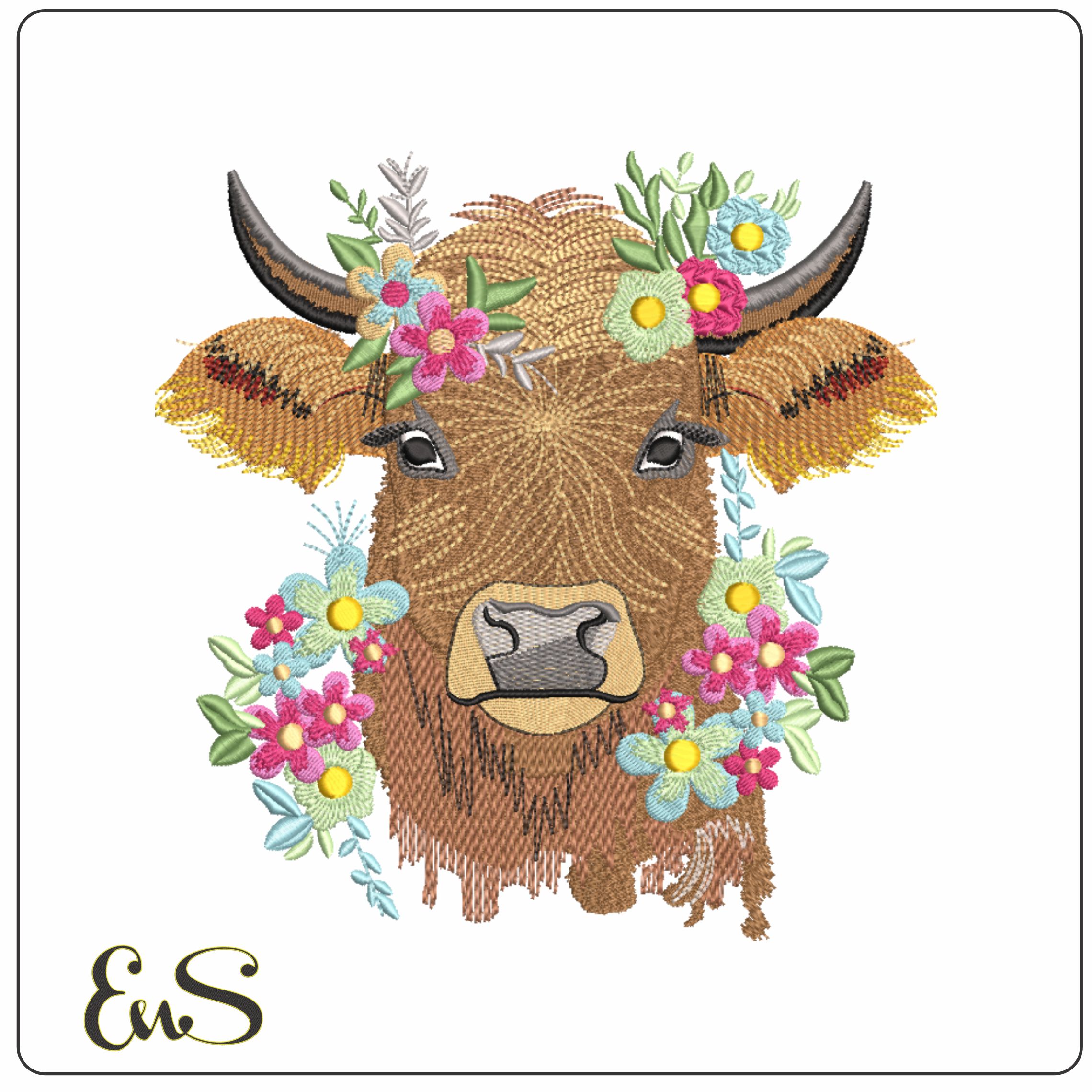 Cow Face with Flowers-Elegant embroidery design file - instant download