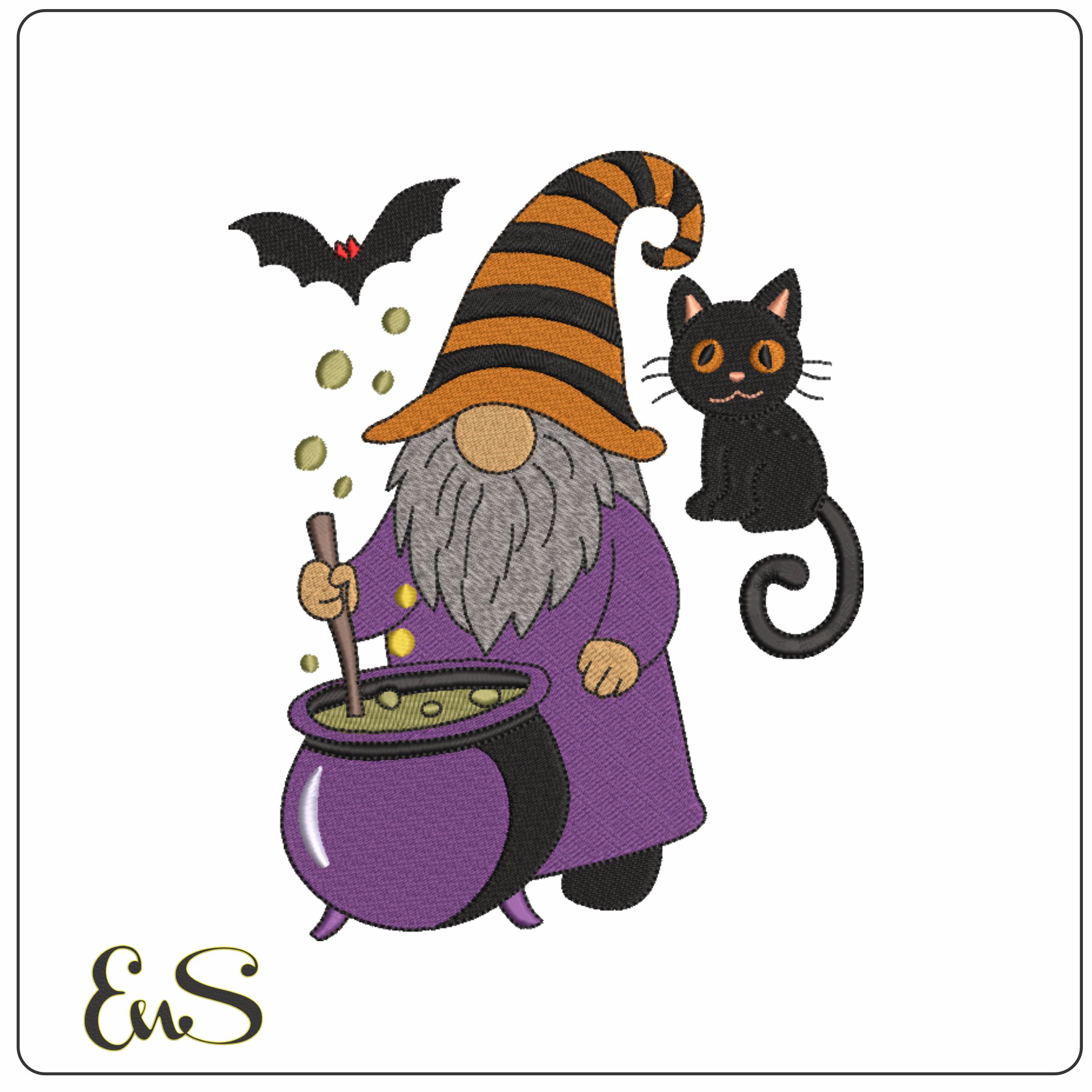 Gnome Wizard with Cauldron - Elegant embroidery design file - instant download