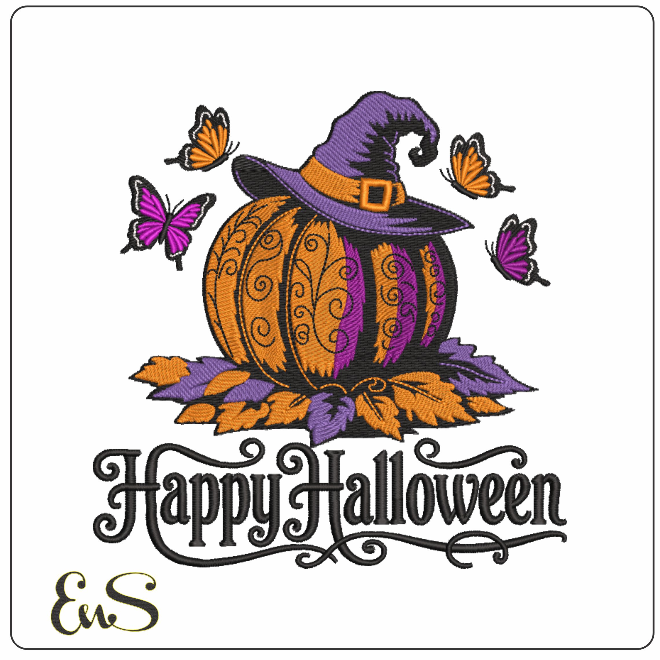 Happy Halloween Pumpkin Witches Hat - Elegant embroidery design file - instant download