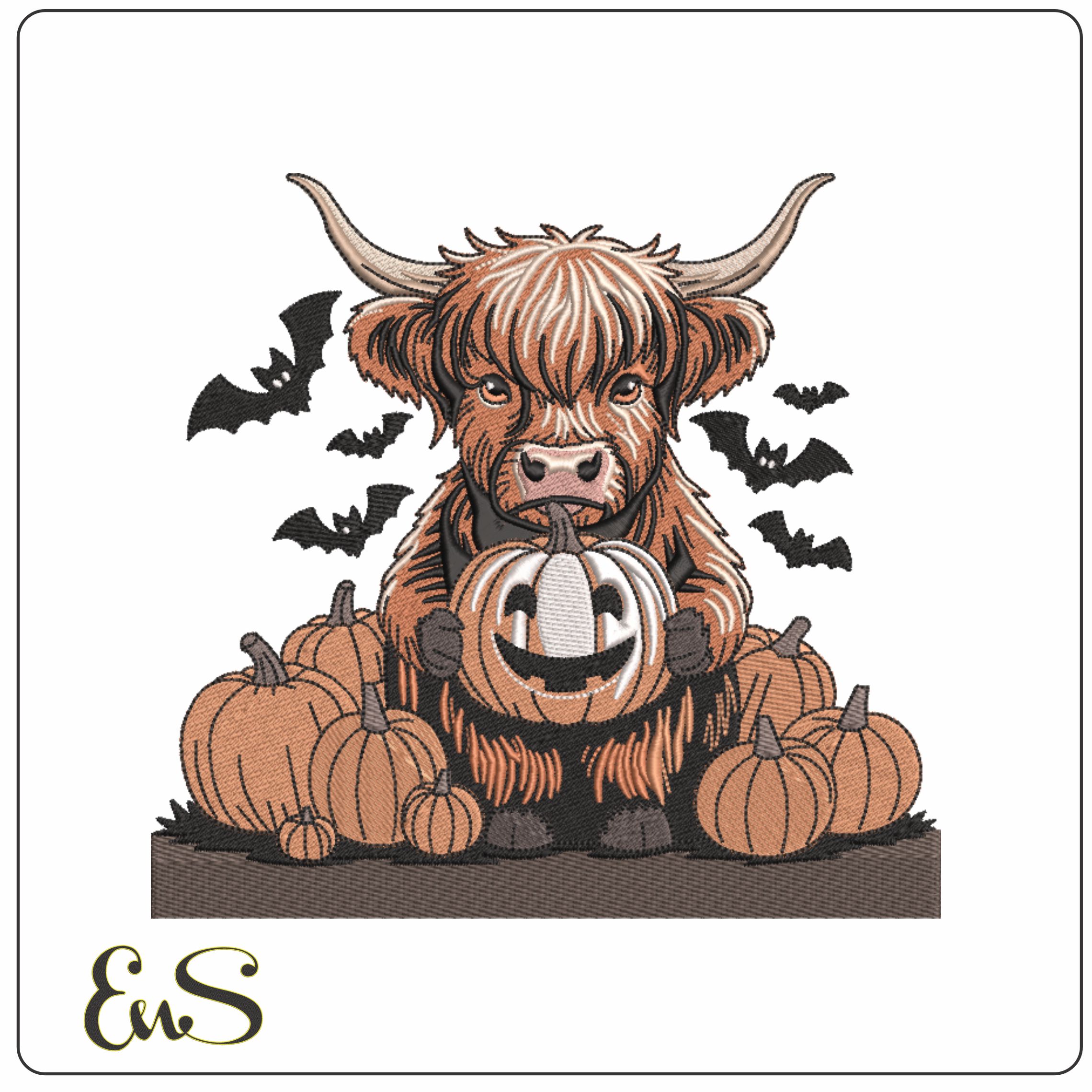 Highland Cow in Pumpkin Patch - Elegant embroidery design file - instant download